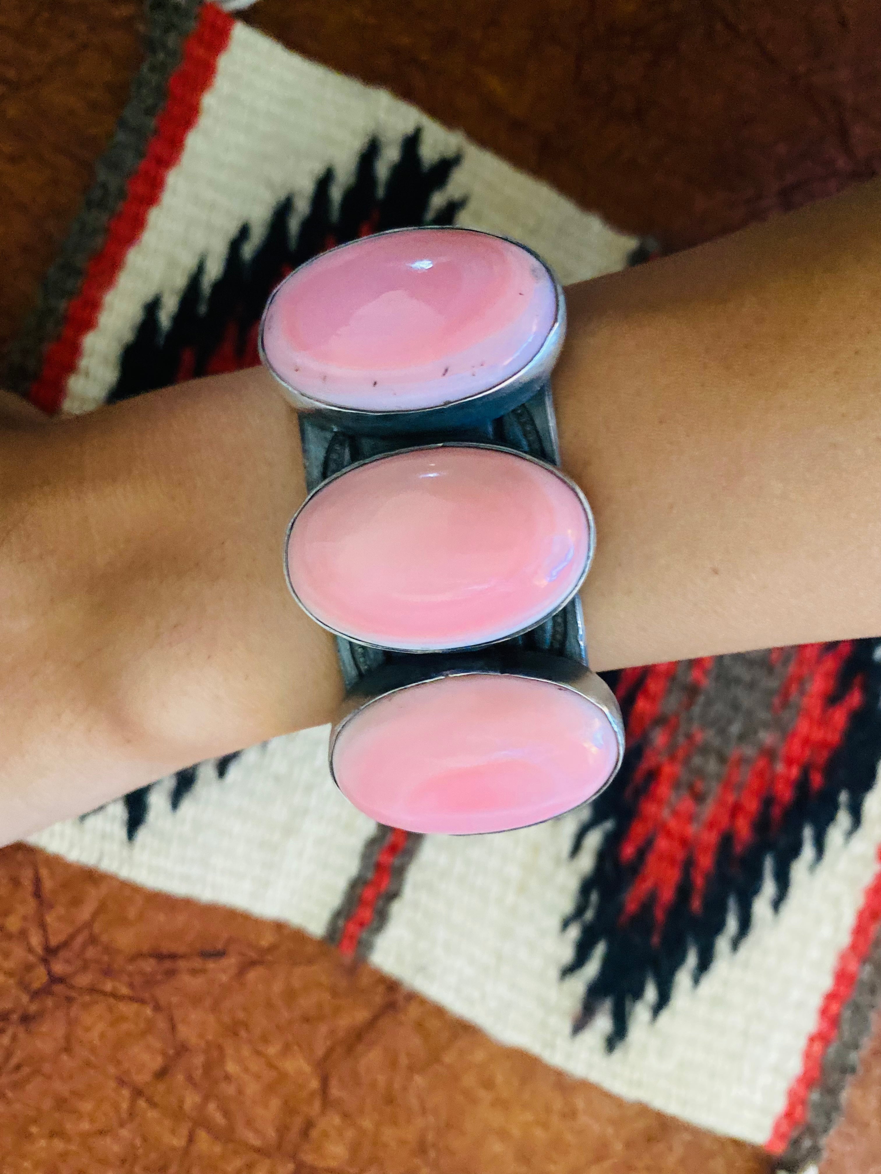 Navajo Queen Pink Conch Shell & Sterling Silver Cuff Bracelet By Chimney Butte