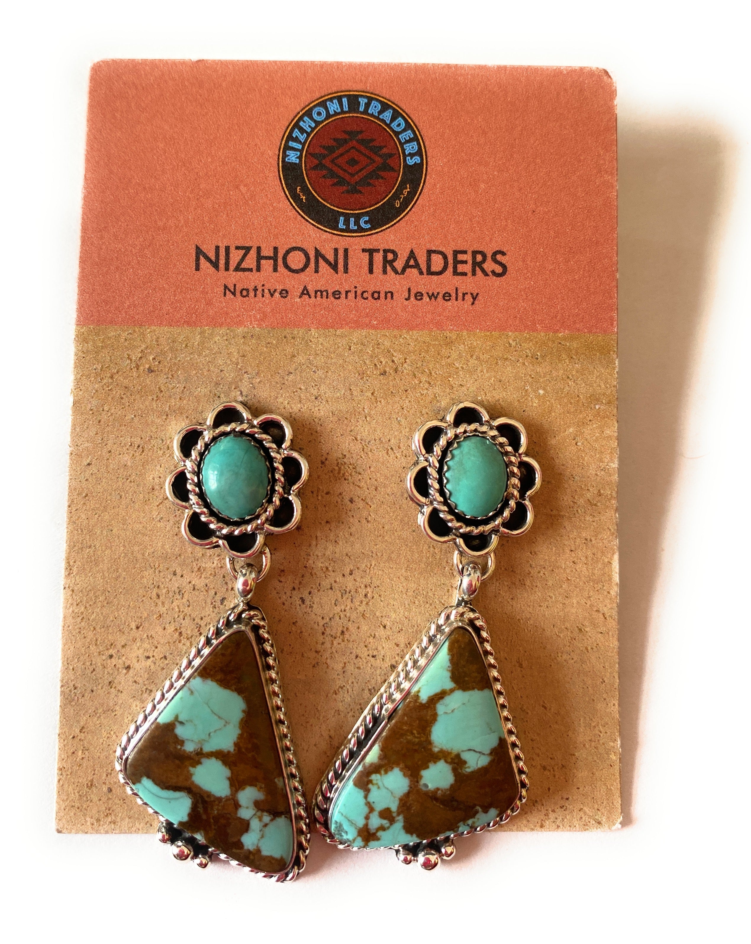 Navajo Number 8 Turquoise & Sterling Silver Flower Dangle Earrings