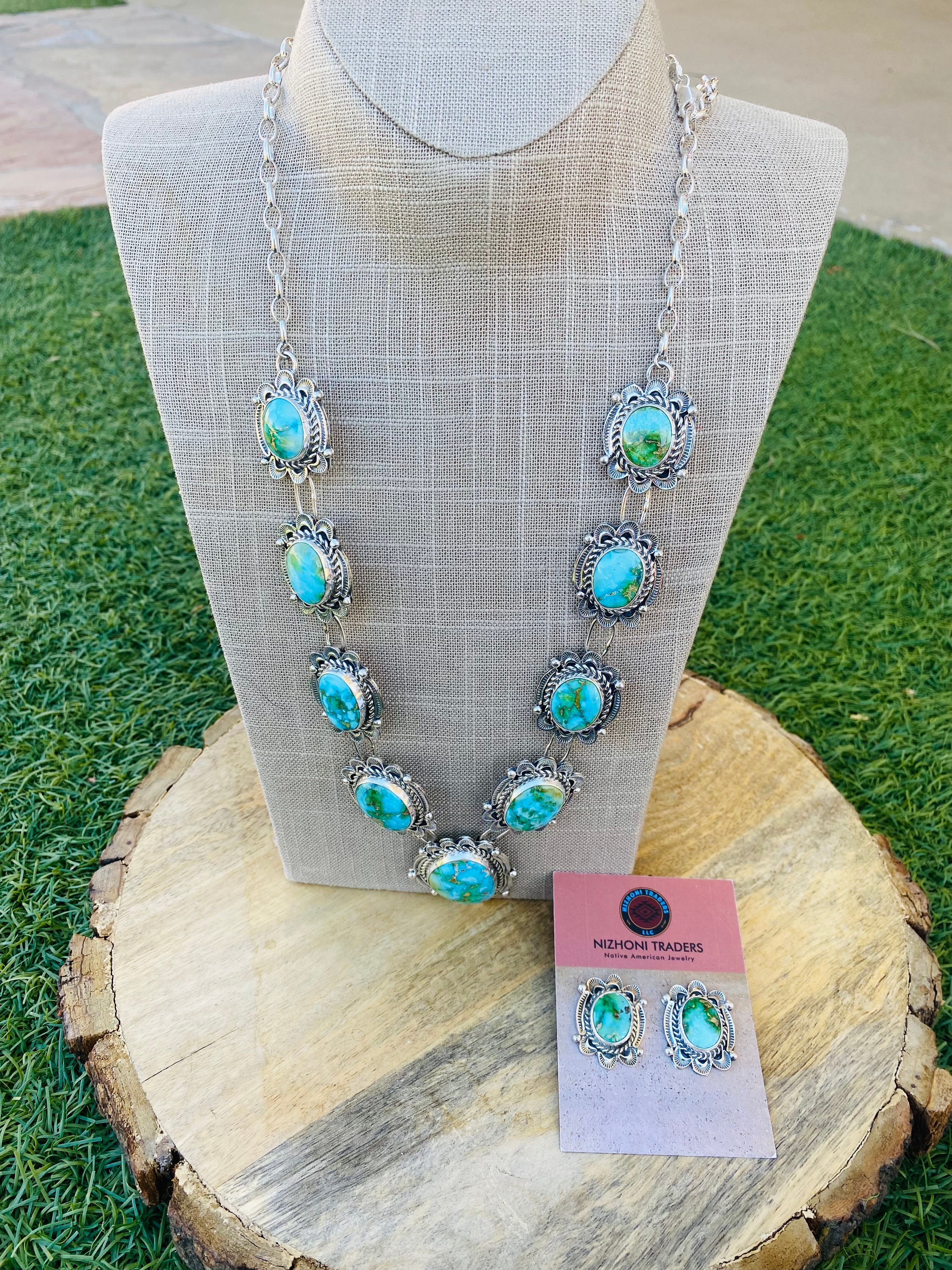 Navajo Sterling Silver & Sonoran Mountain Turquoise Necklace Set