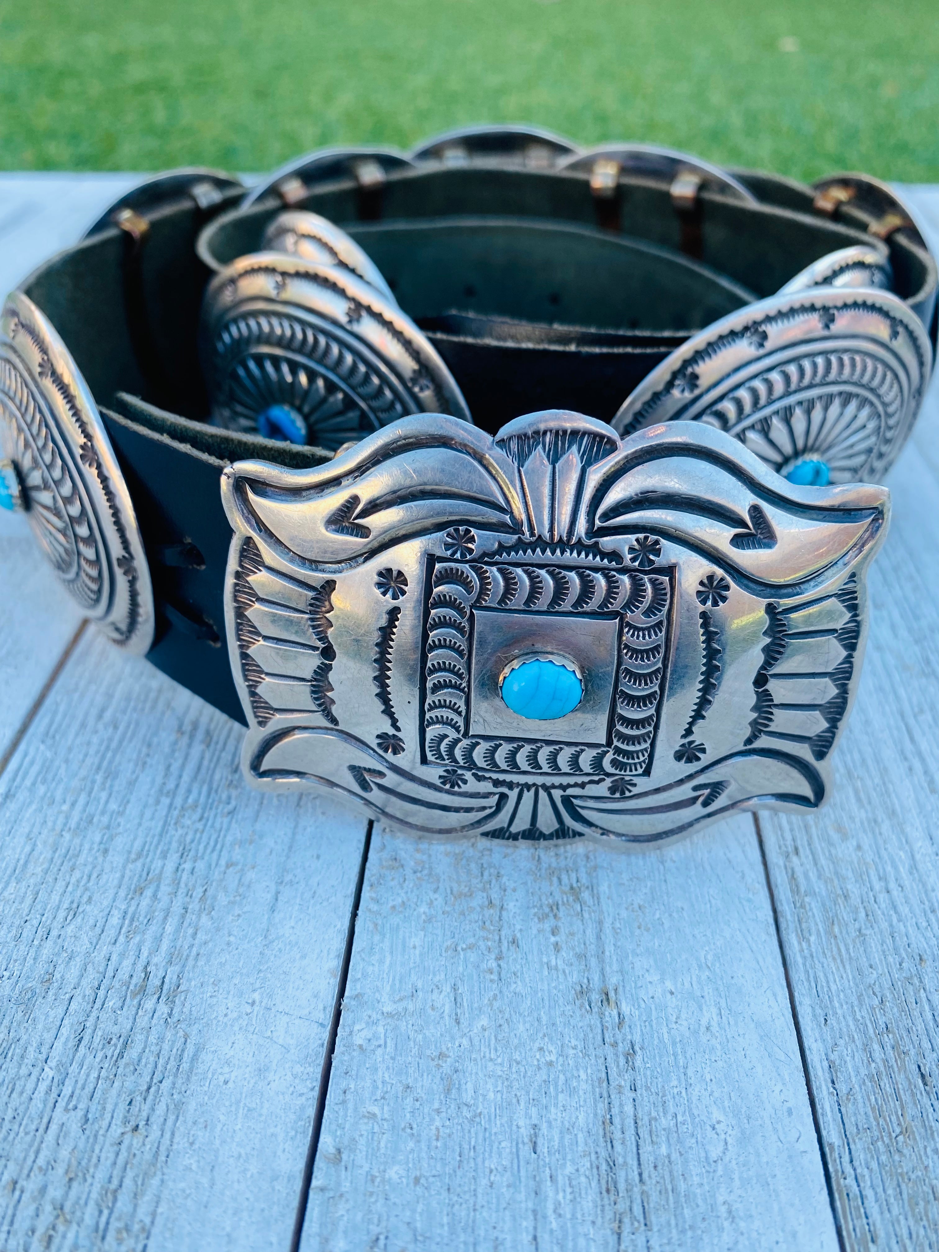 Handcrafted Vintage Black Leather And Sterling Silver Turquoise Concho