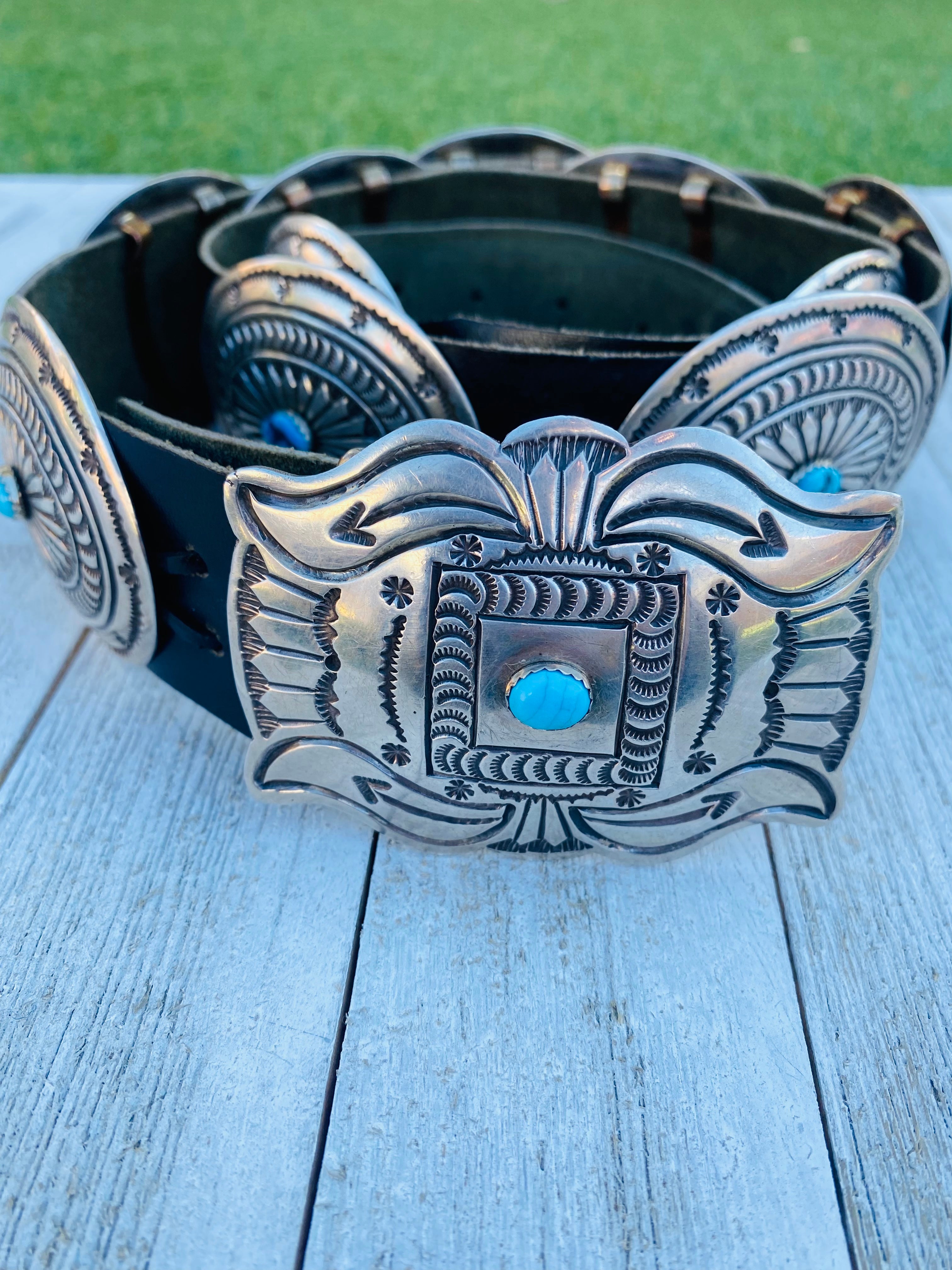 Vintage Navajo Black Leather And Sterling Silver Turquoise Concho Belt