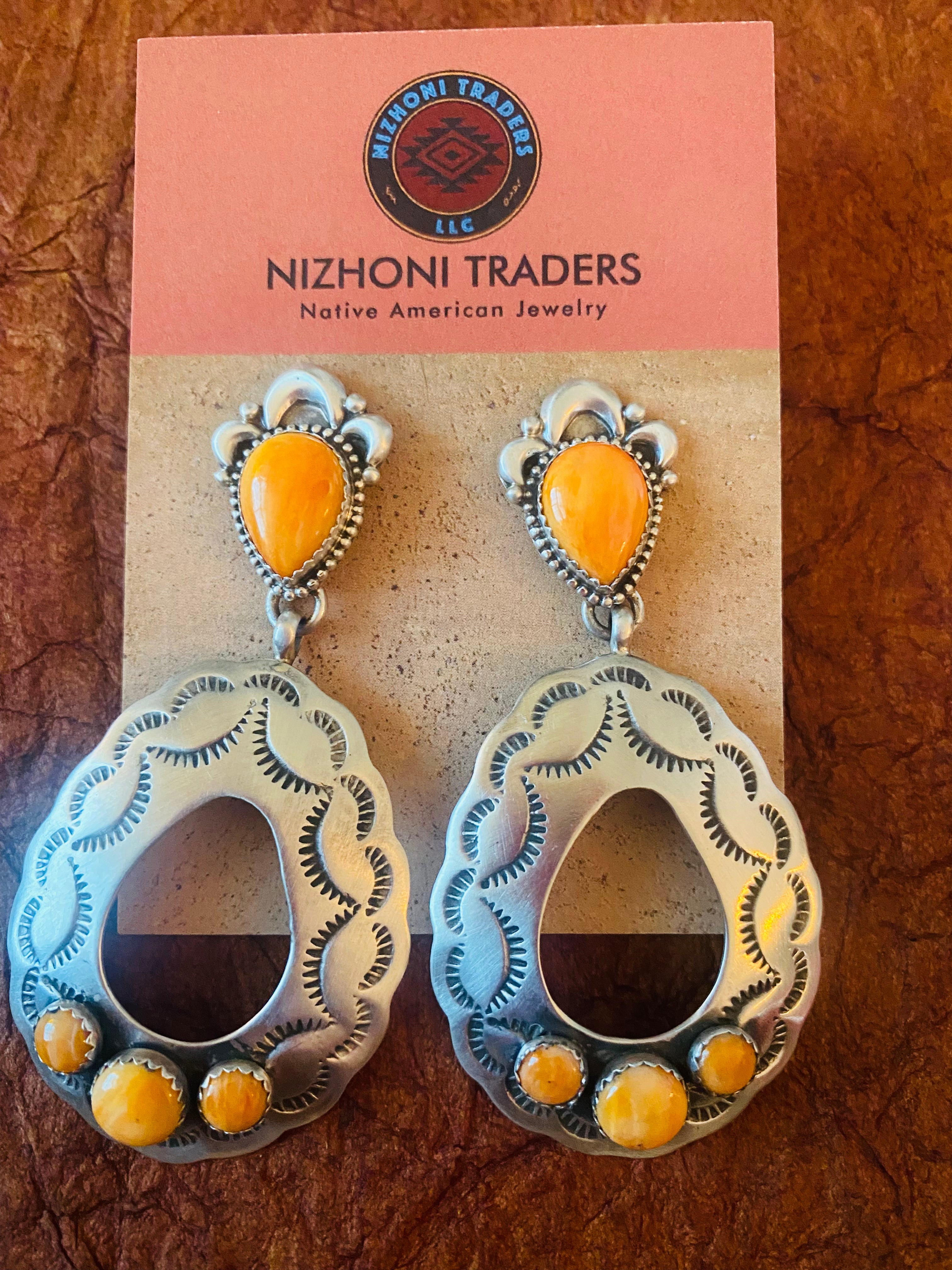 Navajo Sterling Silver & Orange Spiny Concho Dangle Earrings