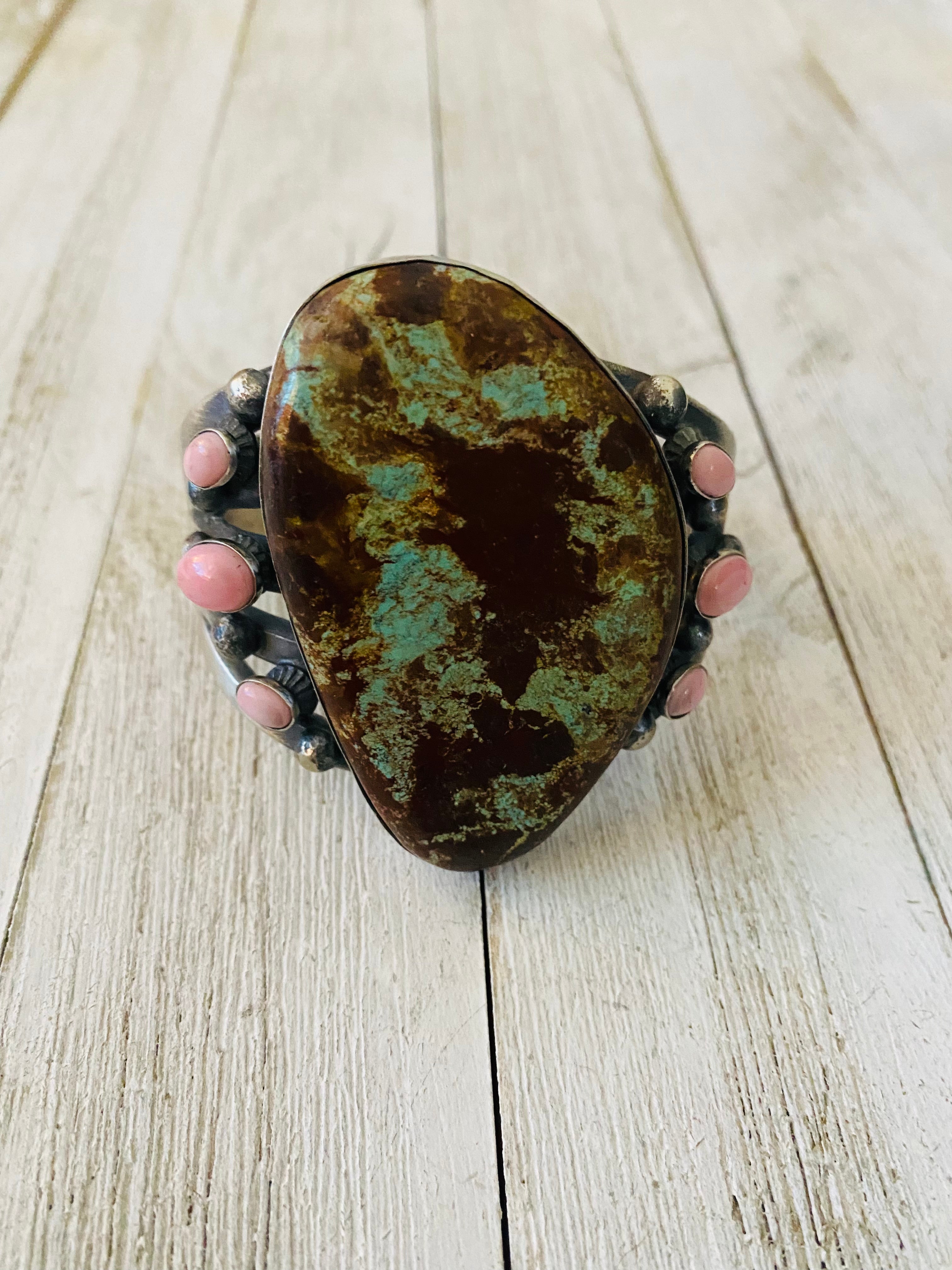 Navajo Turquoise, Queen Pink Conch Shell & Sterling Silver Cuff Bracelet By Chimney Butte