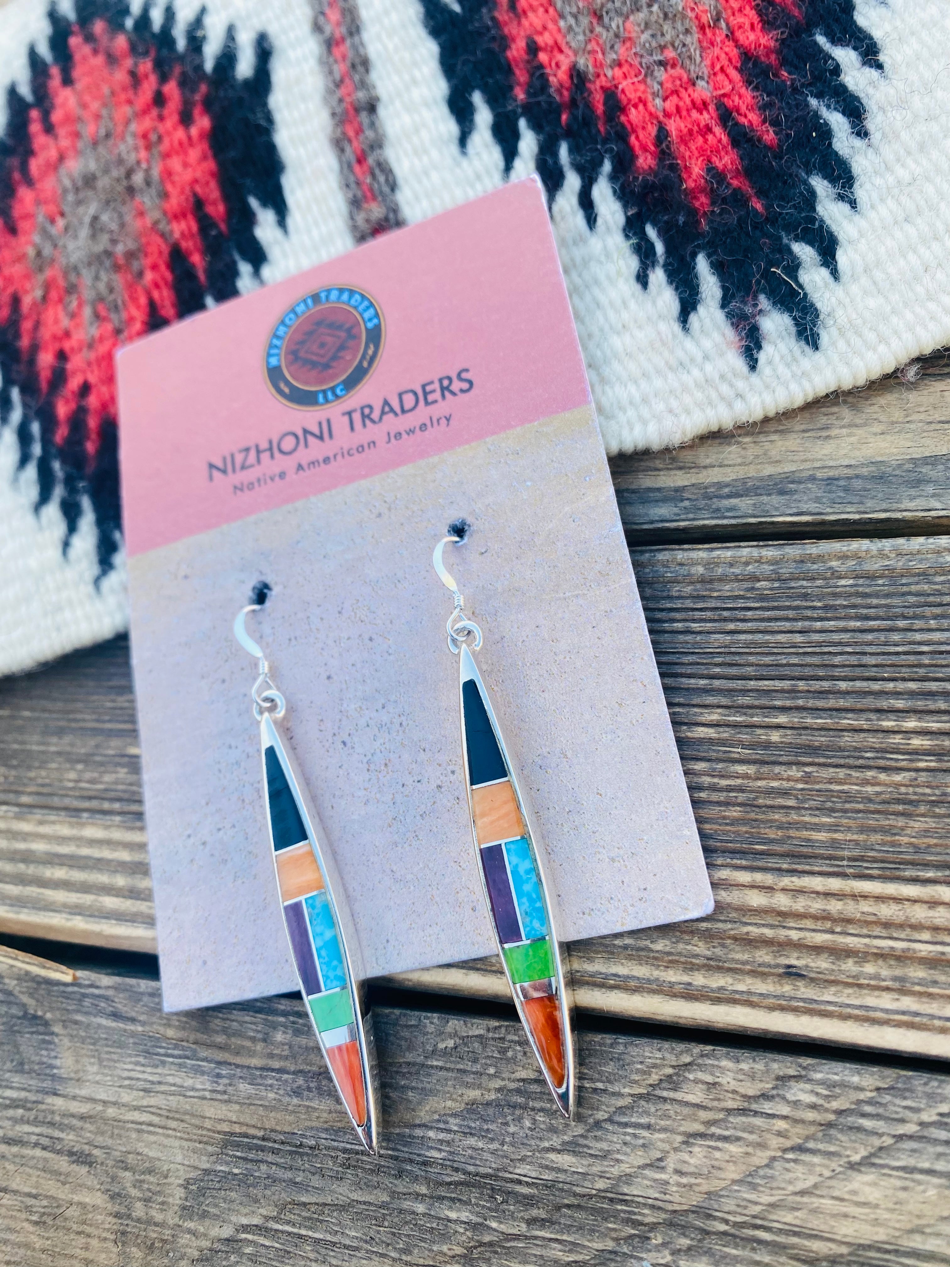 Navajo Multi Stone & Sterling Silver Inlay Dangle Earrings