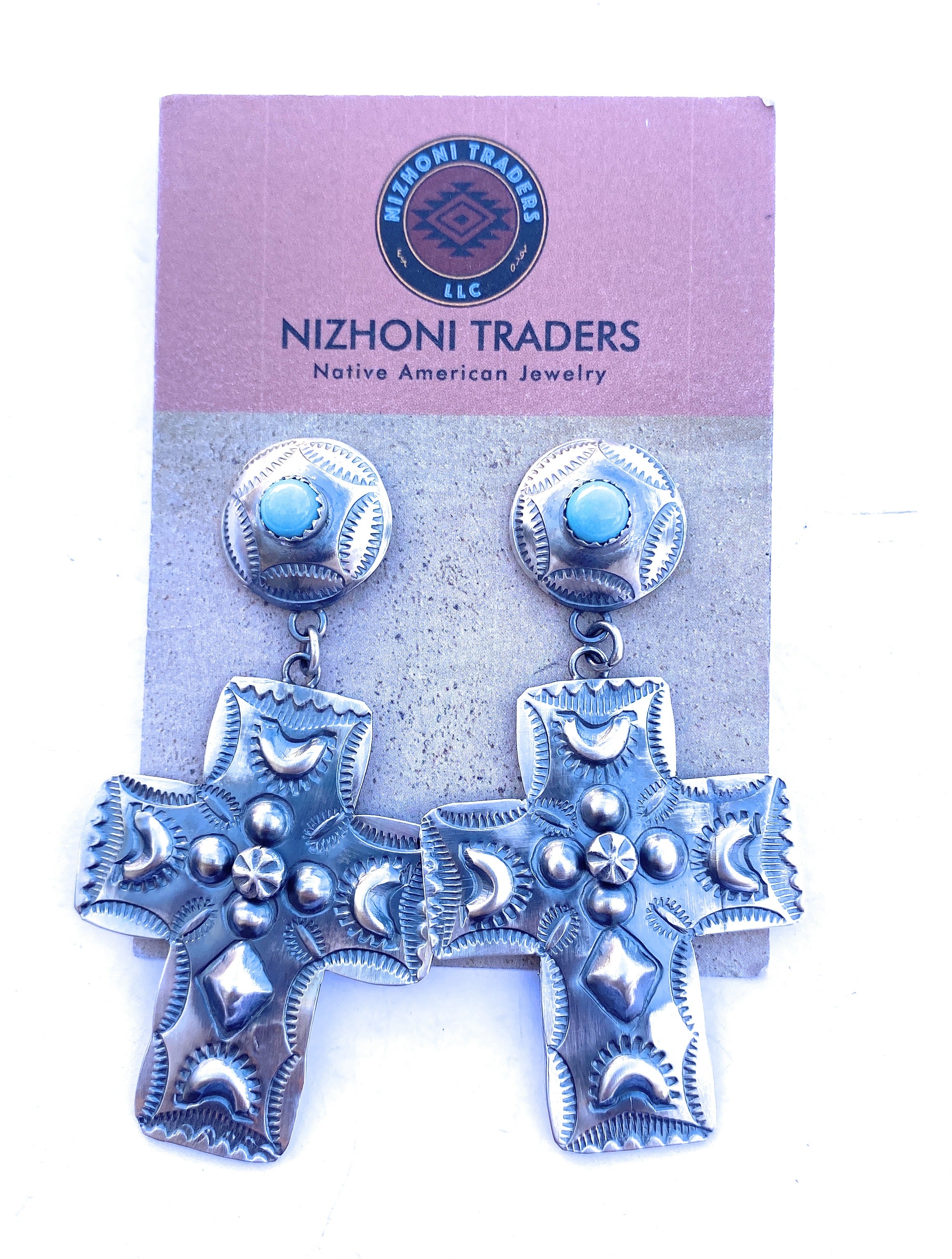 Navajo Hand Stamped Sterling Silver Cross Dangle Earrings By Tim Yazzie