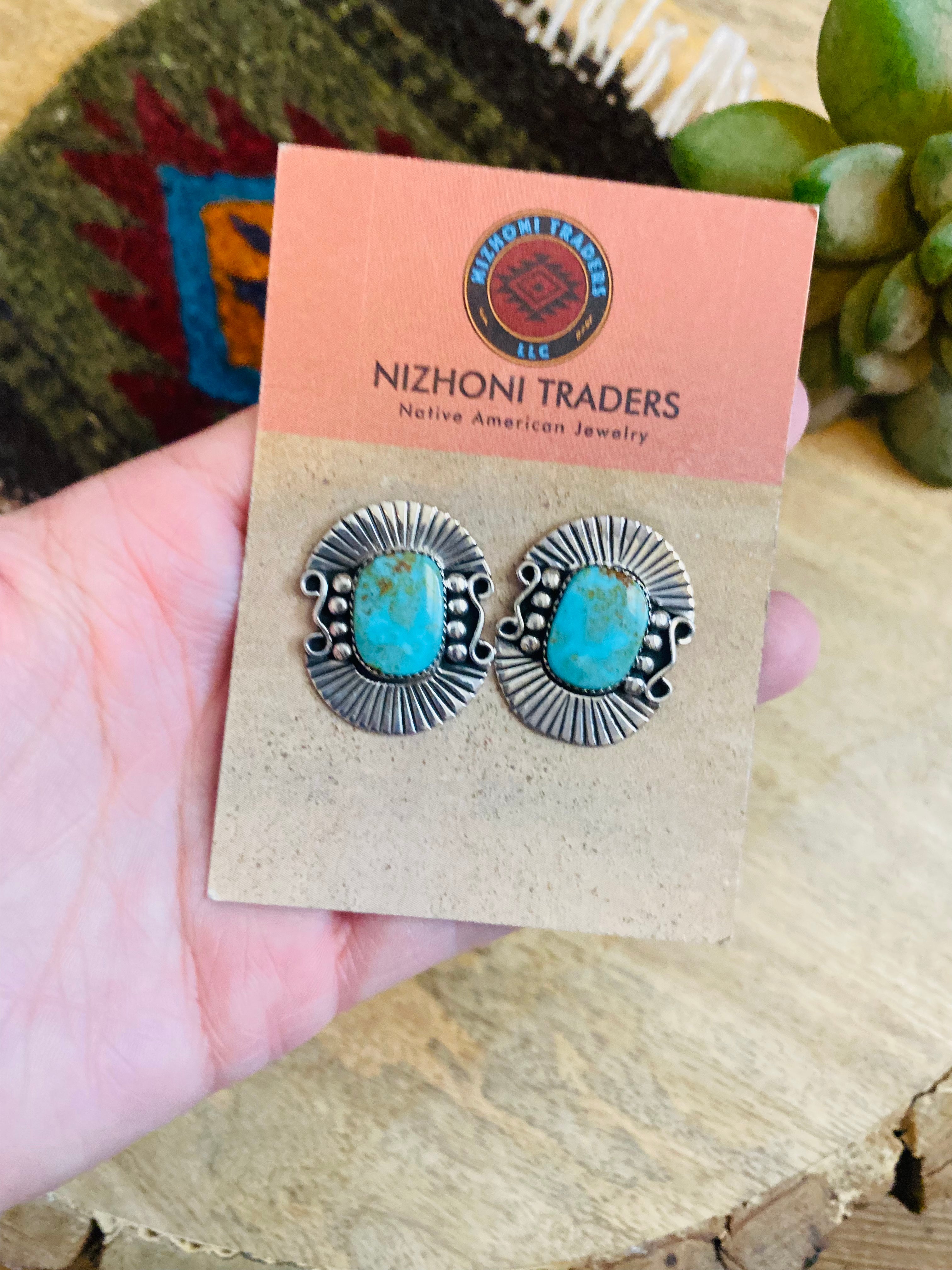 Navajo Sterling Silver & Royston Turquoise Post Earrings Signed