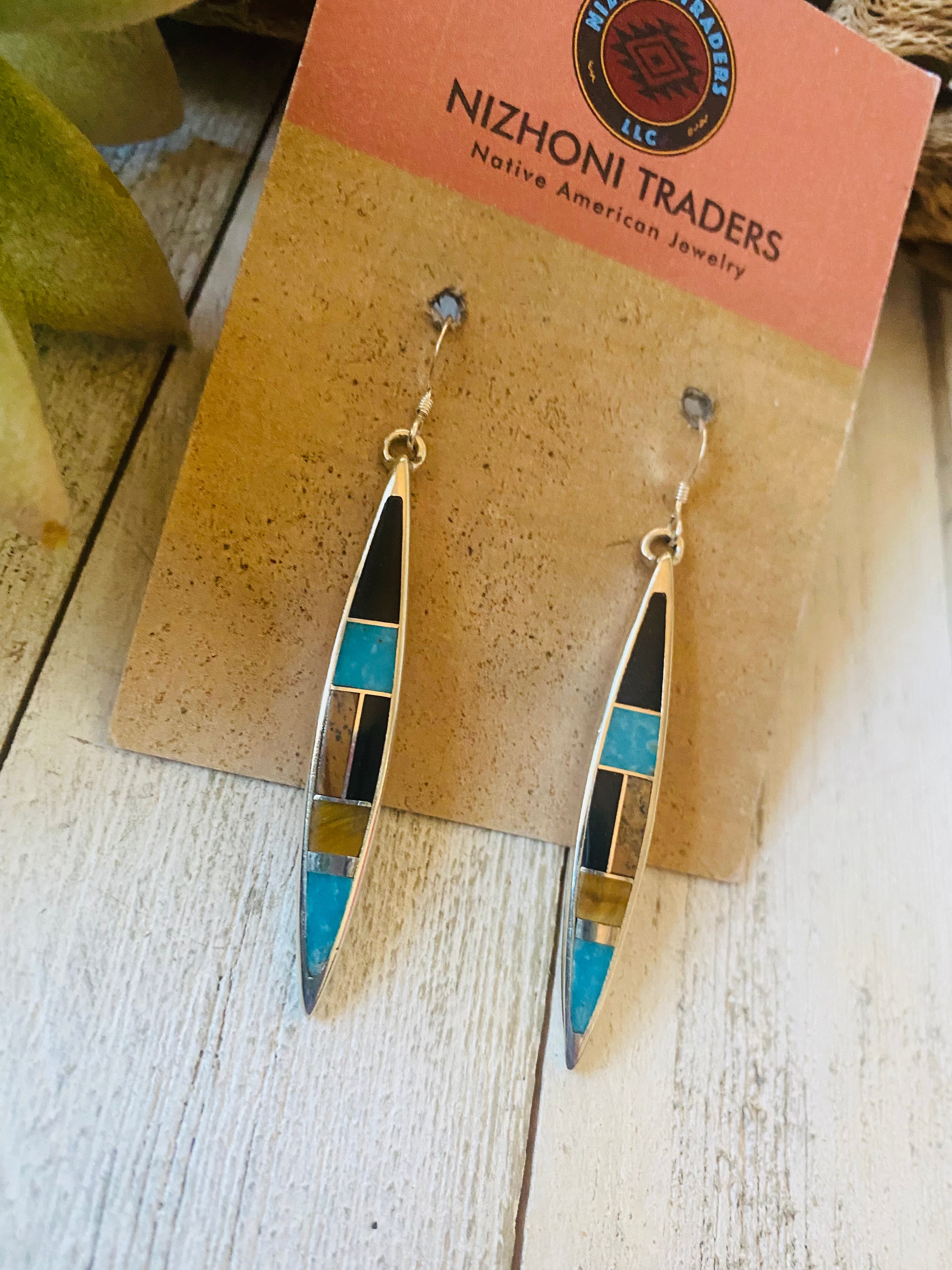 Navajo Multi Stone & Sterling Silver Inlay Dangle Earrings