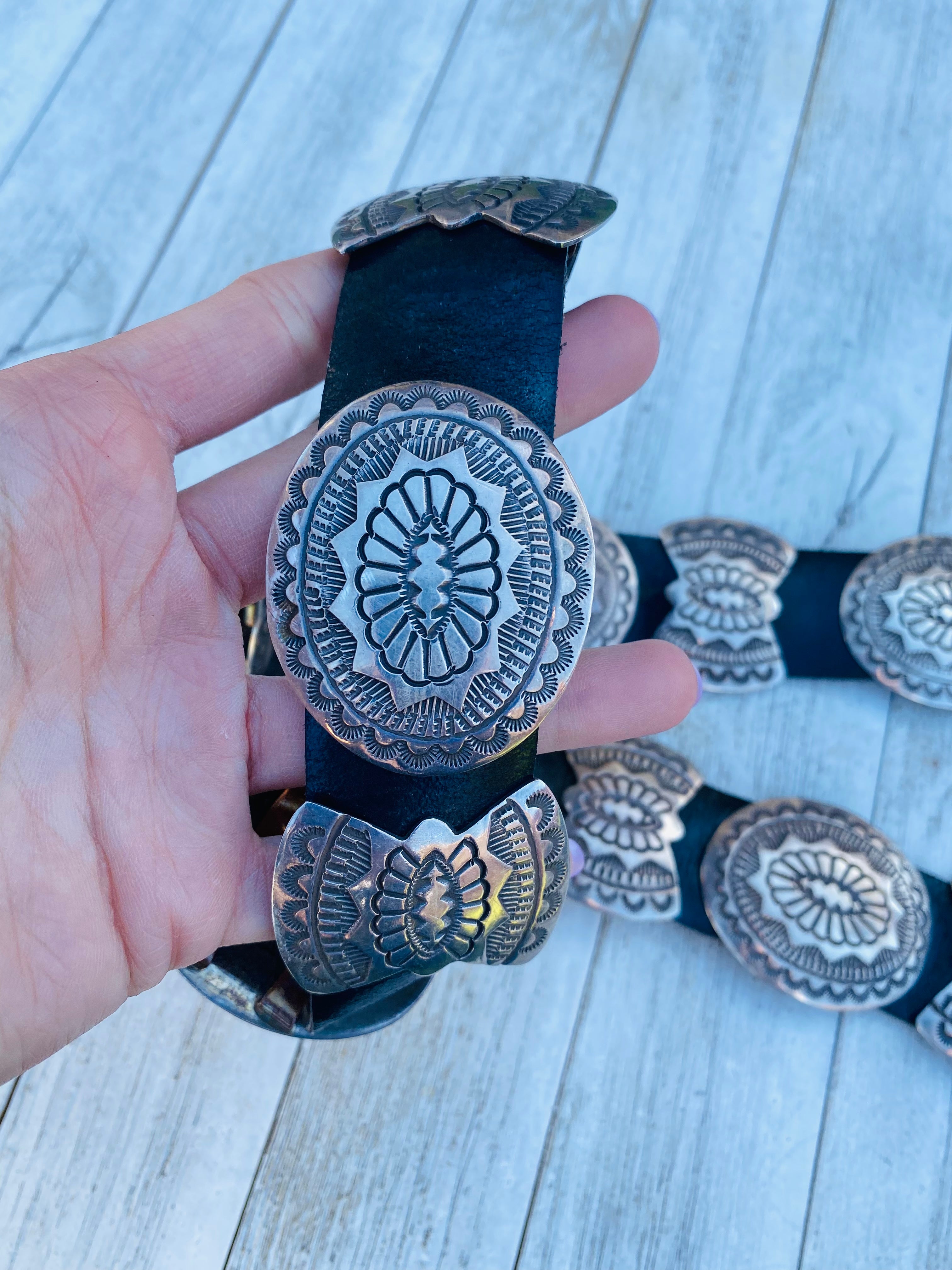 Vintage Navajo Black Leather And Sterling Silver Concho Belt