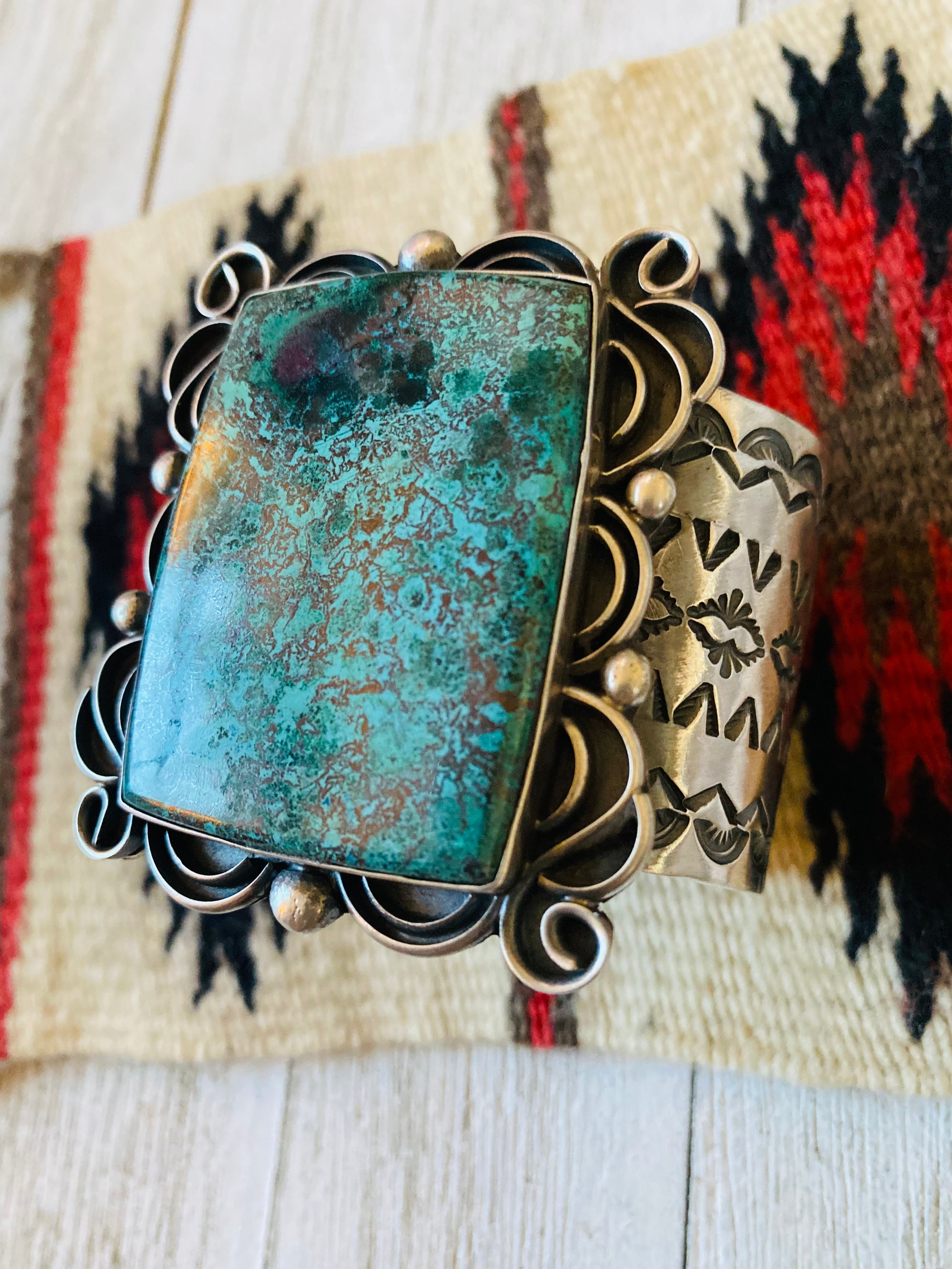 Navajo Tibetan Turquoise & Sterling Silver Cuff Bracelet Signed