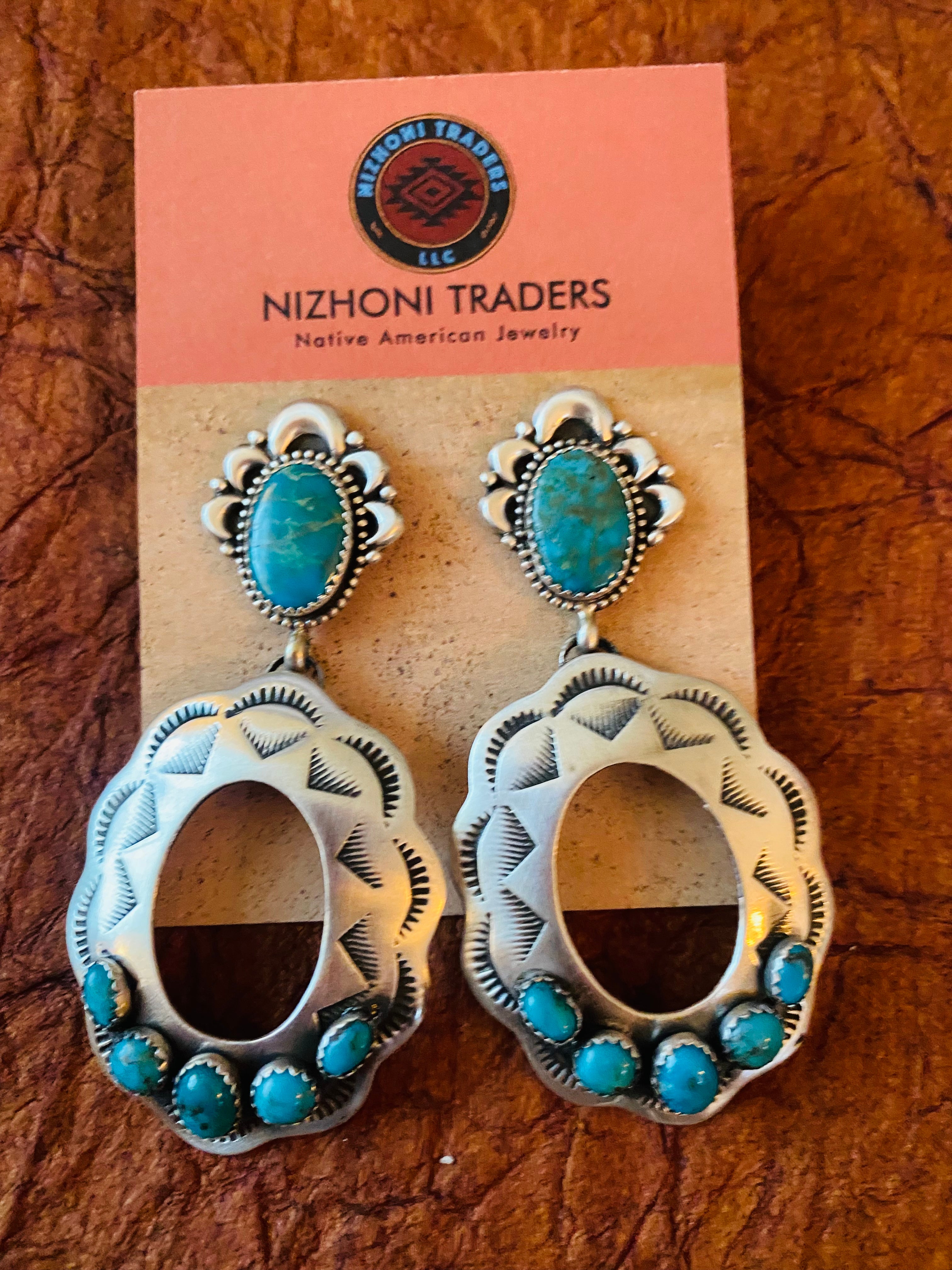 Navajo Sterling Silver & Turquoise Concho Dangle Earrings