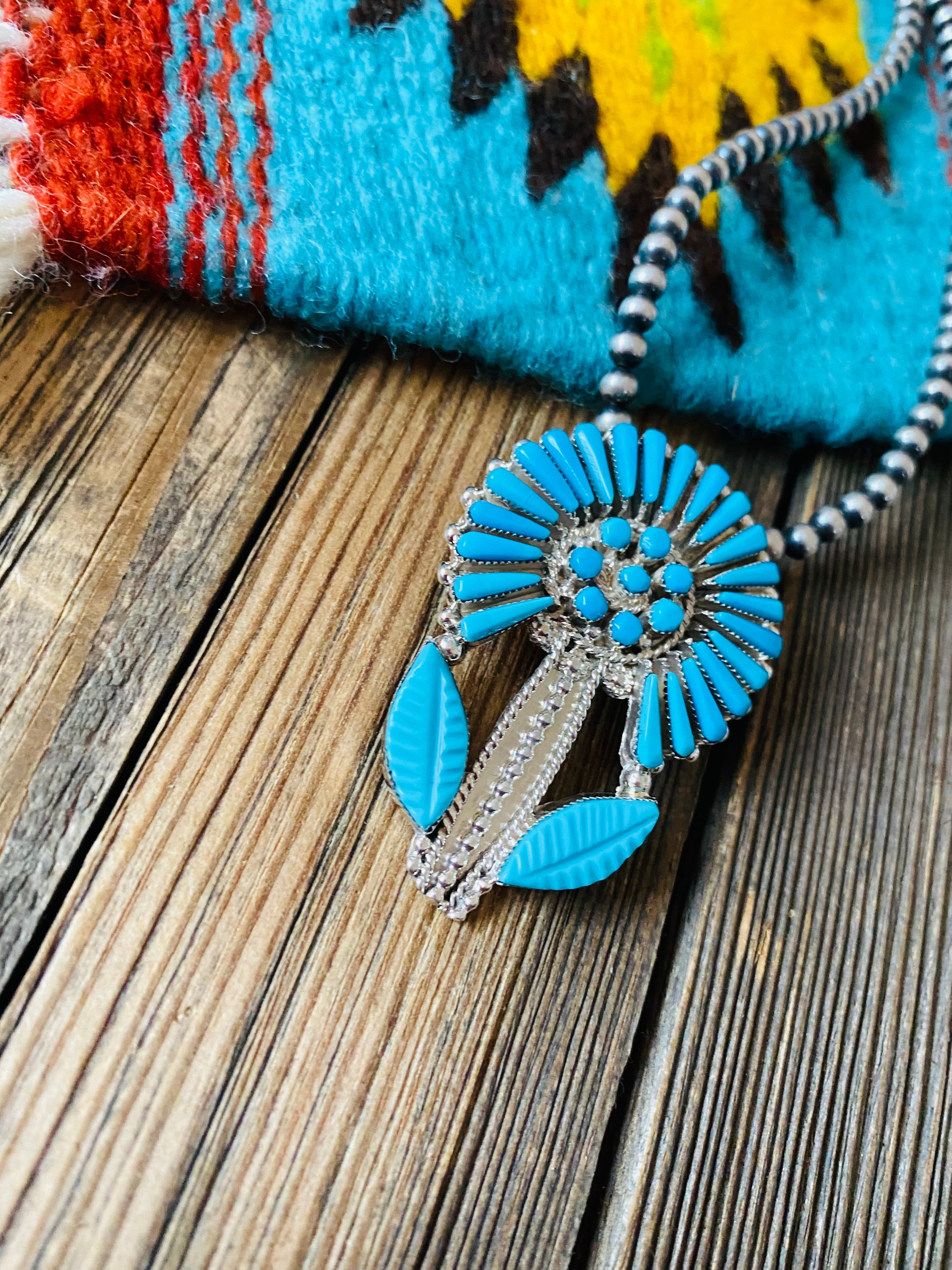 Zuni Sterling Silver & Turquoise Flower Pin/ Pendant