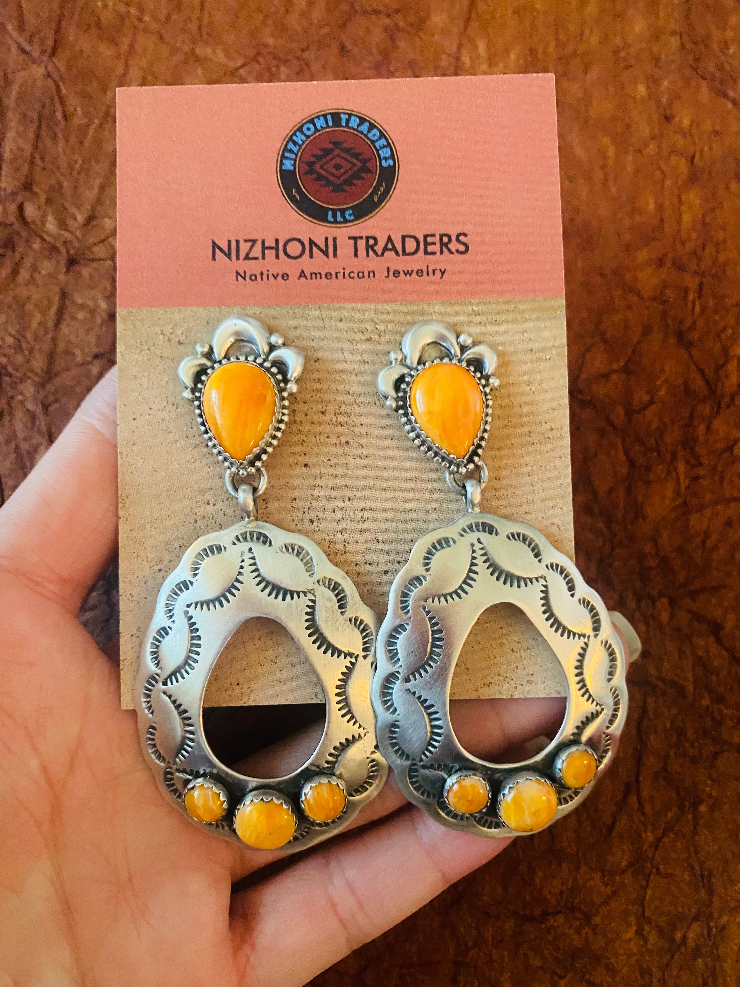 Navajo Sterling Silver & Orange Spiny Concho Dangle Earrings