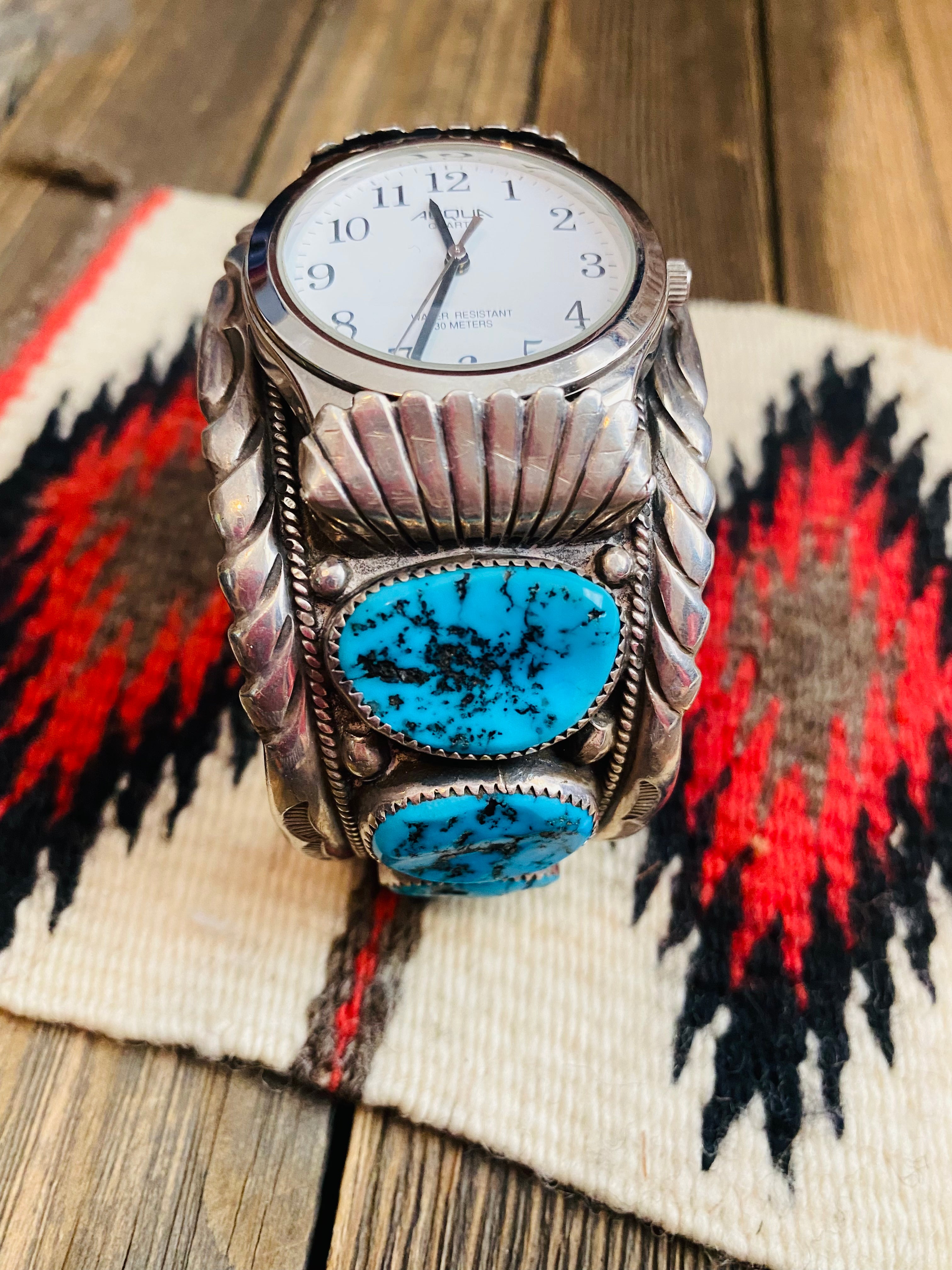 Old Pawn Vintage Navajo Turquoise & Sterling Silver Watch Cuff