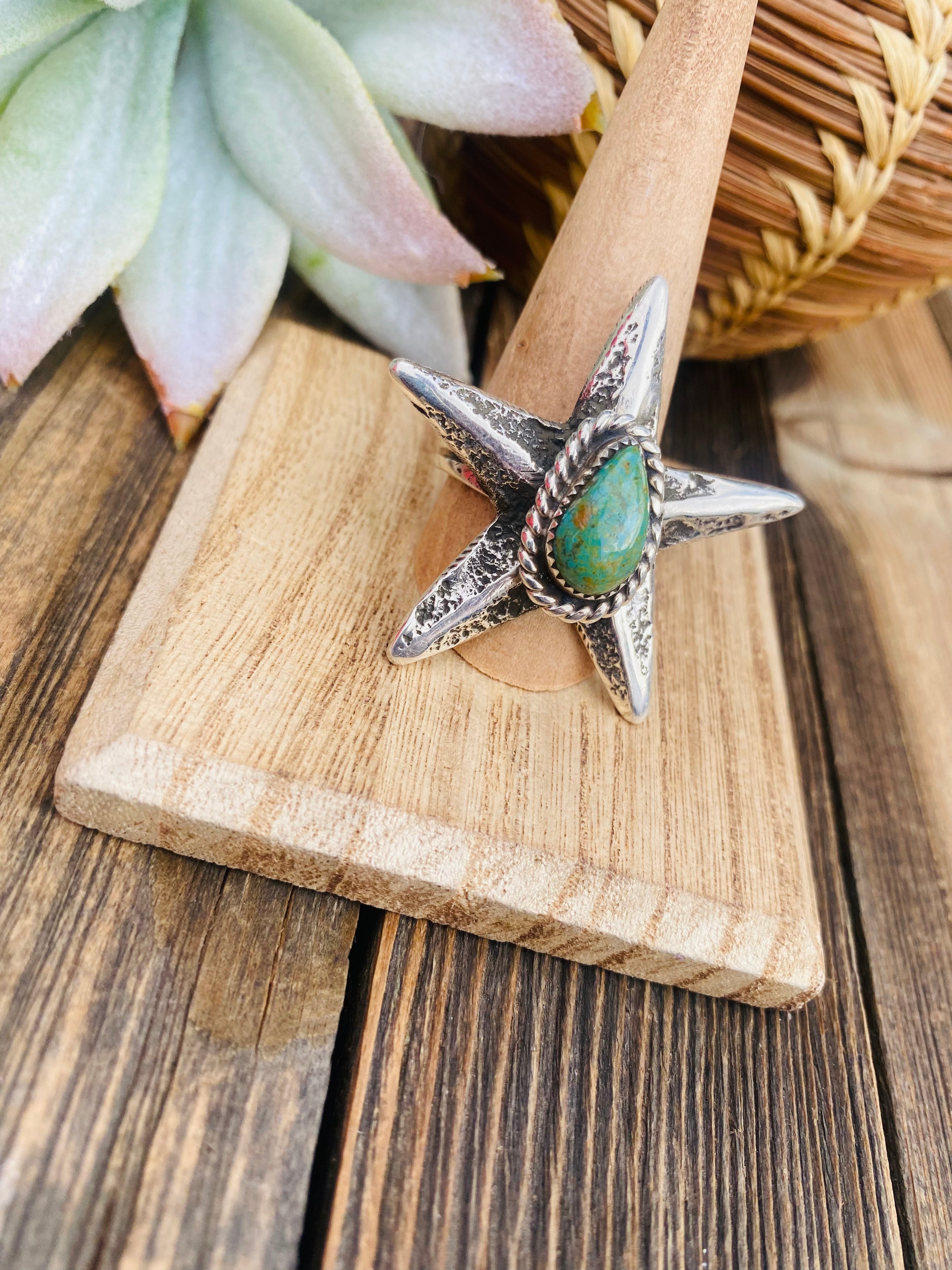 Navajo Royston Turquoise & Sterling Silver Star Ring Size 10.5 Signed