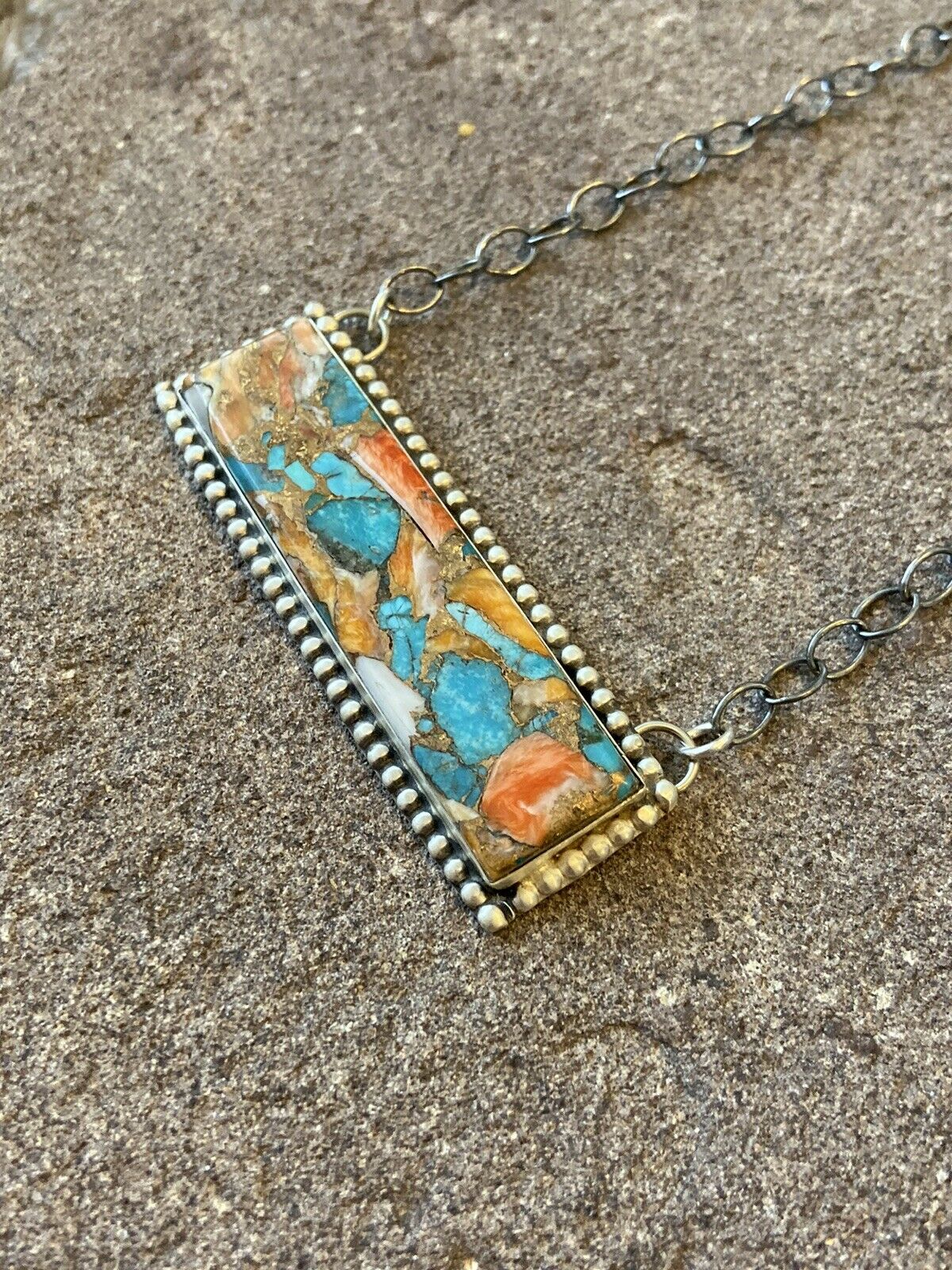 Navajo Multi Stone Sterling Silver Necklace 2 5/8”