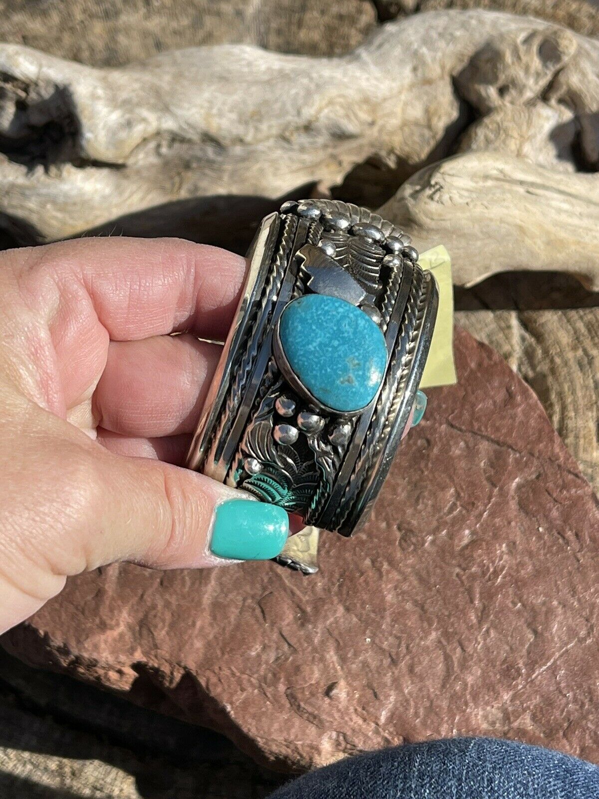 Vintage Navajo Sterling Silver & Kingman Turquoise Non Working Watch Bracelet