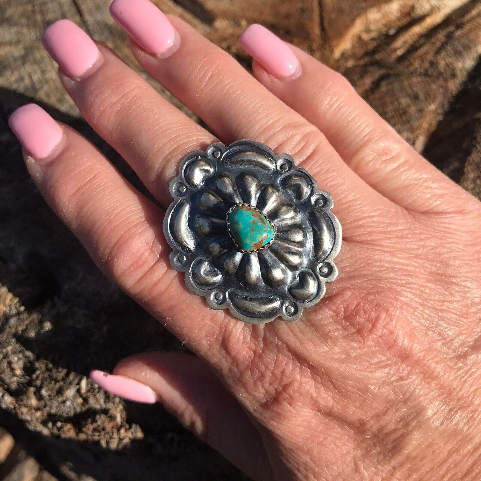 Navajo Sterling Silver Turquoise Concho Ring Sz 5.5