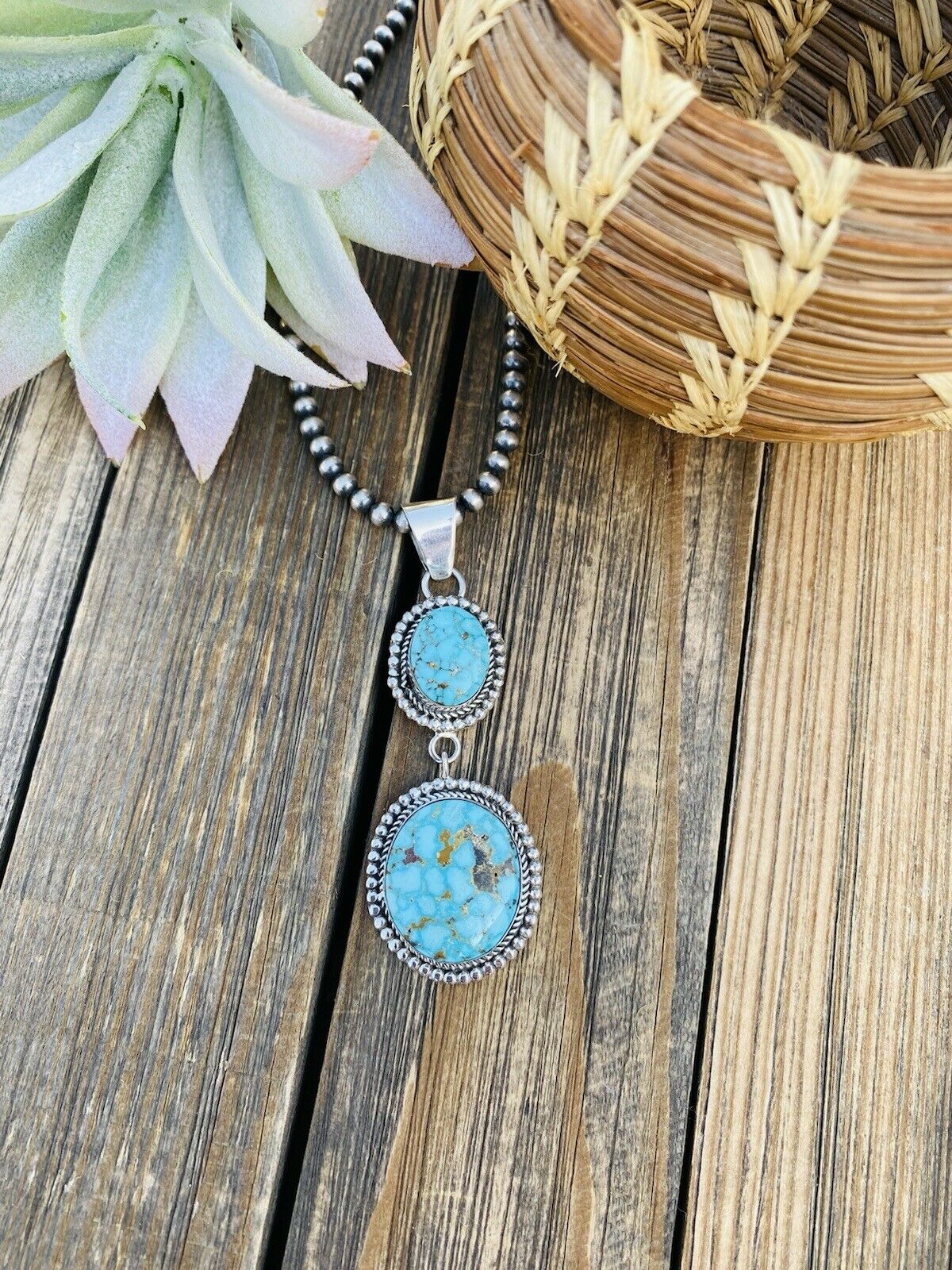 Navajo Sterling Silver & Kingman Web Turquoise Pendant Signed