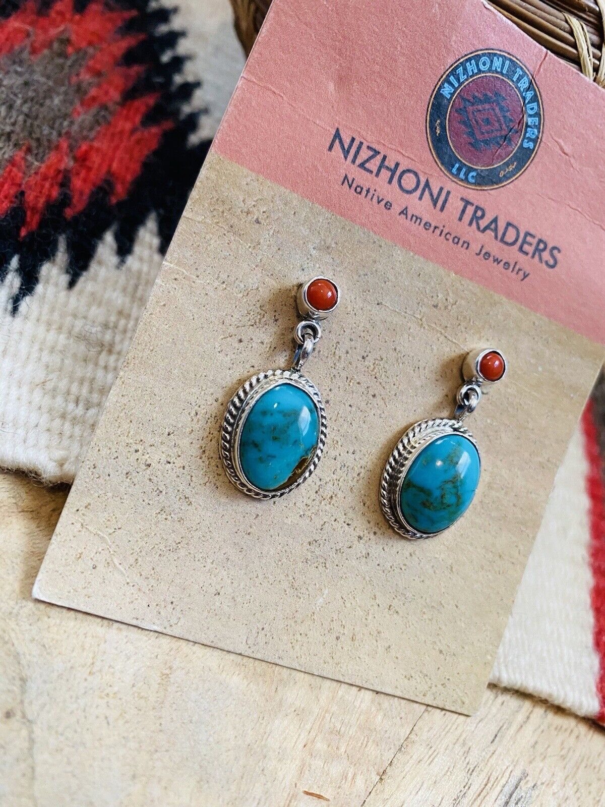 Navajo Turquoise, Coral & Sterling Silver Dangle Earrings