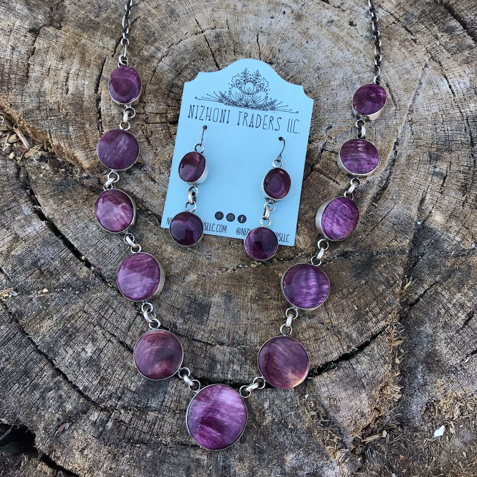 Navajo Purple Spiny Oyster & Sterling Silver Necklace & Earring Set Signed