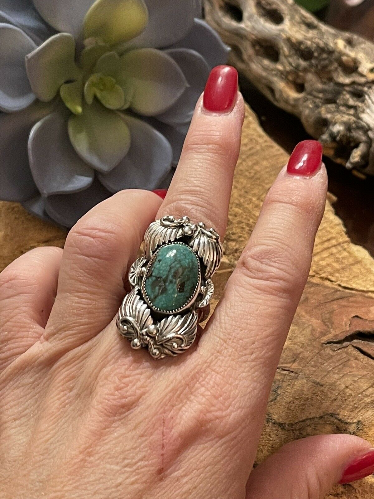 Navajo Southwest Styling Turquoise & Sterling Silver Statement Ring Size 9.5