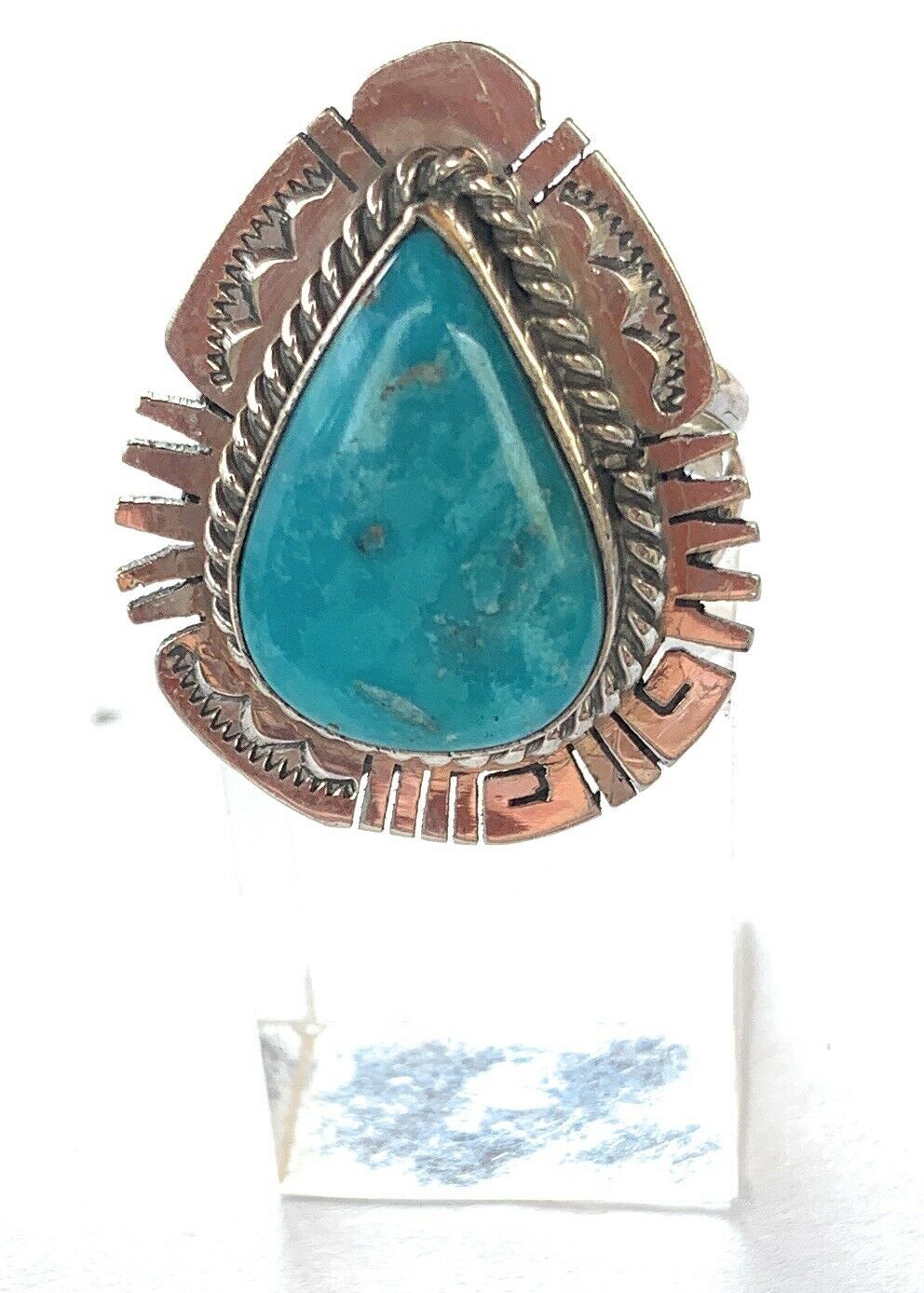 Navajo Kingman Turquoise & Stamped Sterling Silver Statement Ring