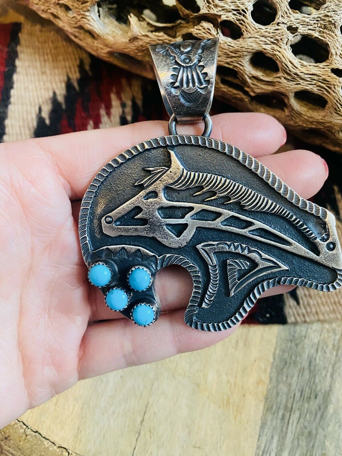 Navajo Turquoise & Sterling Silver Fetish Bear Pendant Signed