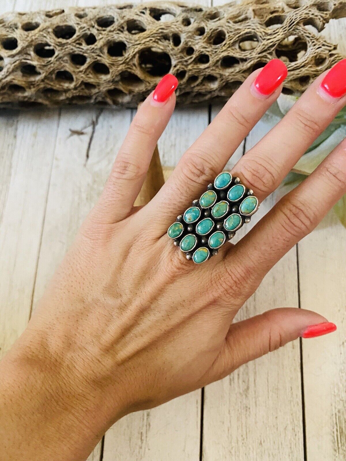 Navajo Turquoise & Sterling Silver Cluster Ring Size 5.5 Signed