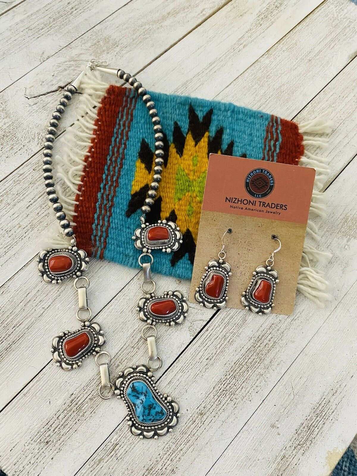 Navajo Sterling Silver & Kingman Turquoise Necklace & Earring Set By Tom Lewis