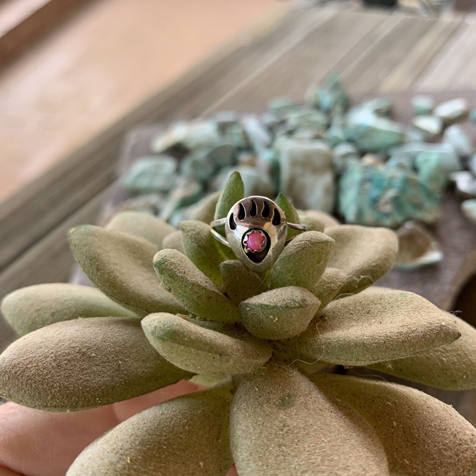 Navajo Sterling Silver Pink Opal Bear Paw Ring