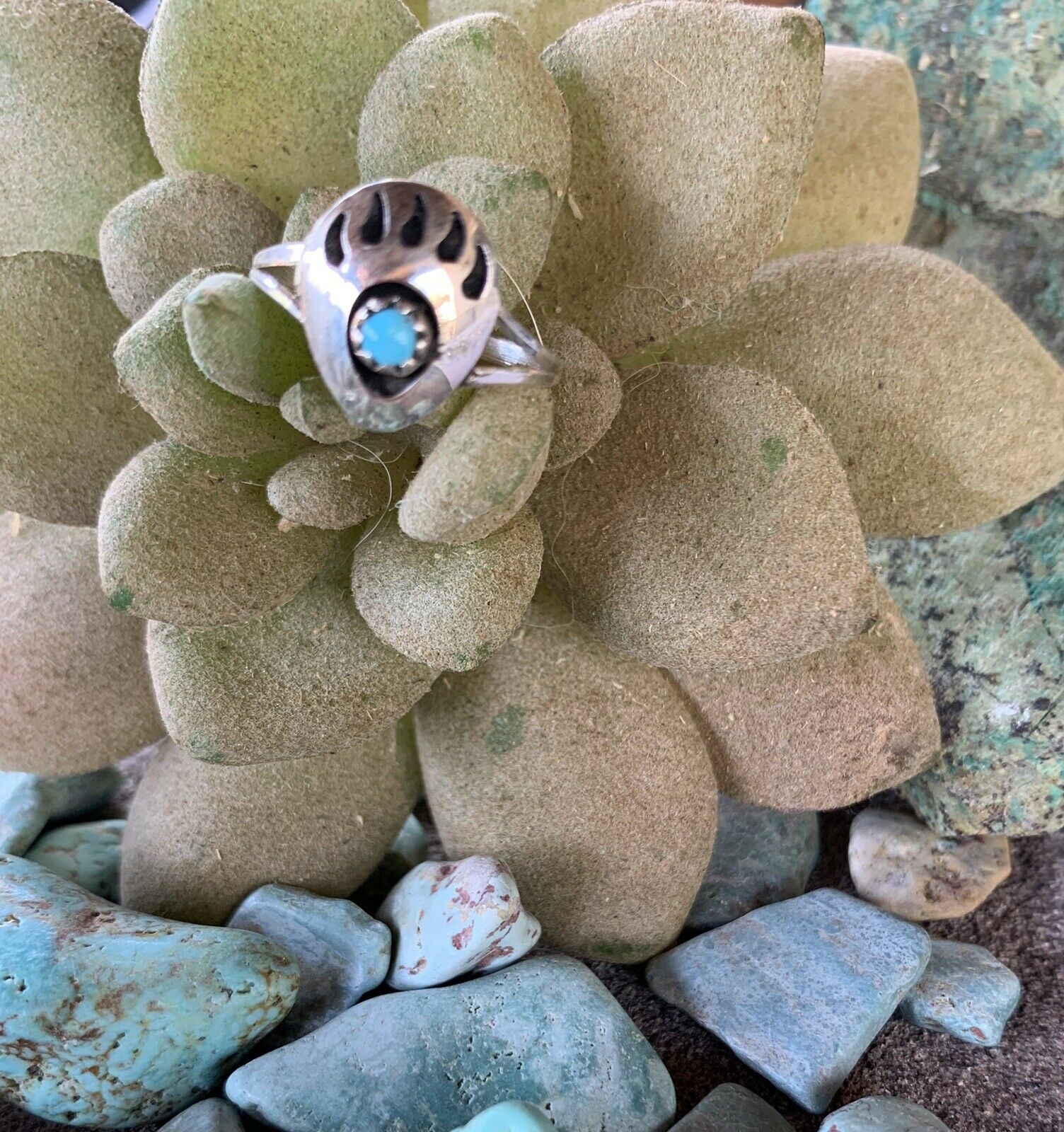 Zuni Sterling Silver Turquoise Bear Paw Ring CA