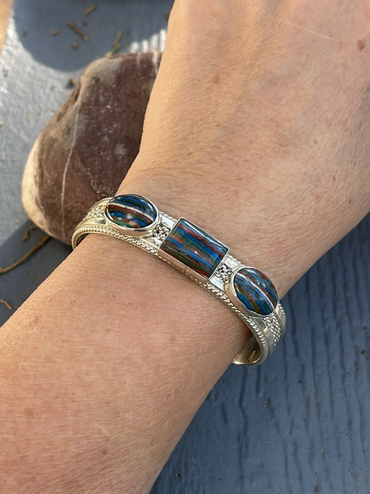 Unique Navajo Sterling Silver & Rainbow Stone Elegant Cuff Bracelet