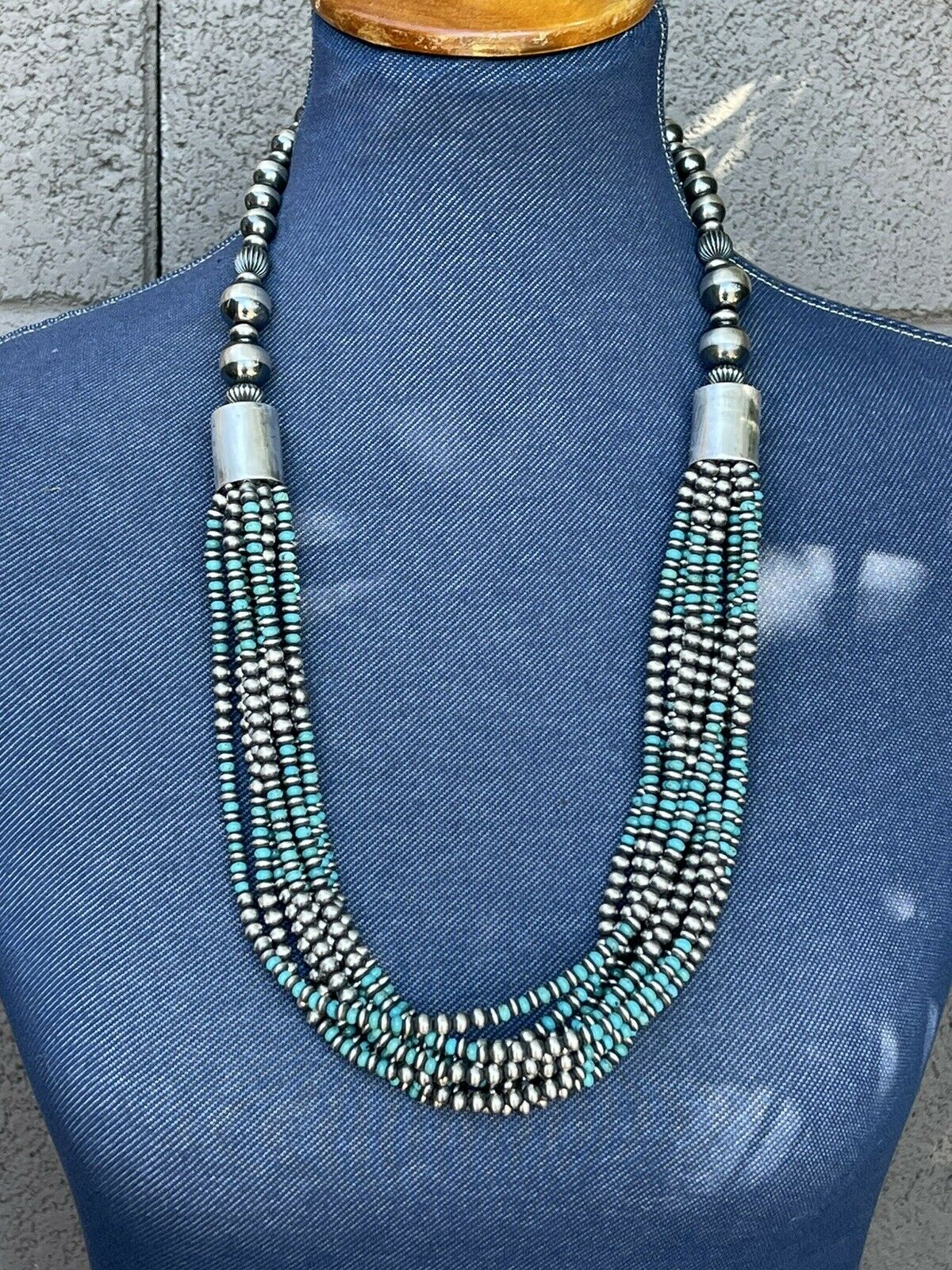 Navajo Sterling Silver & Turquoise Beaded 10 Strand Necklace