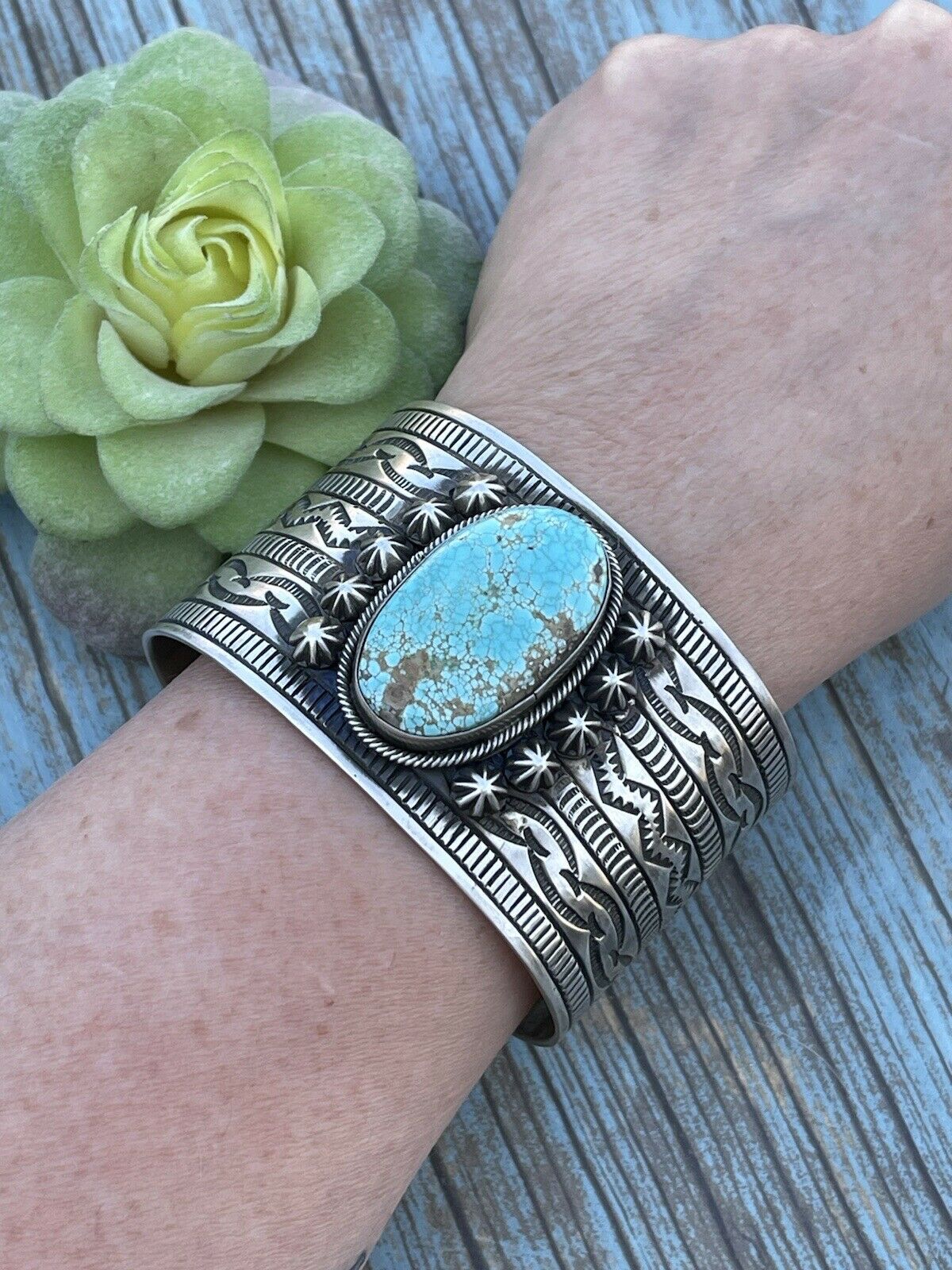 Navajo Handmade Sterling & Number 8 Turquoise Signed Cuff Signed Danny Clark