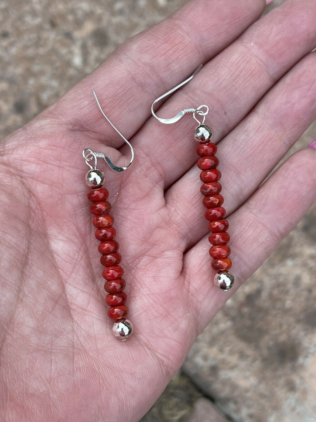 Navajo Sterling Silver Apple Coral Beaded Dangle Earrings