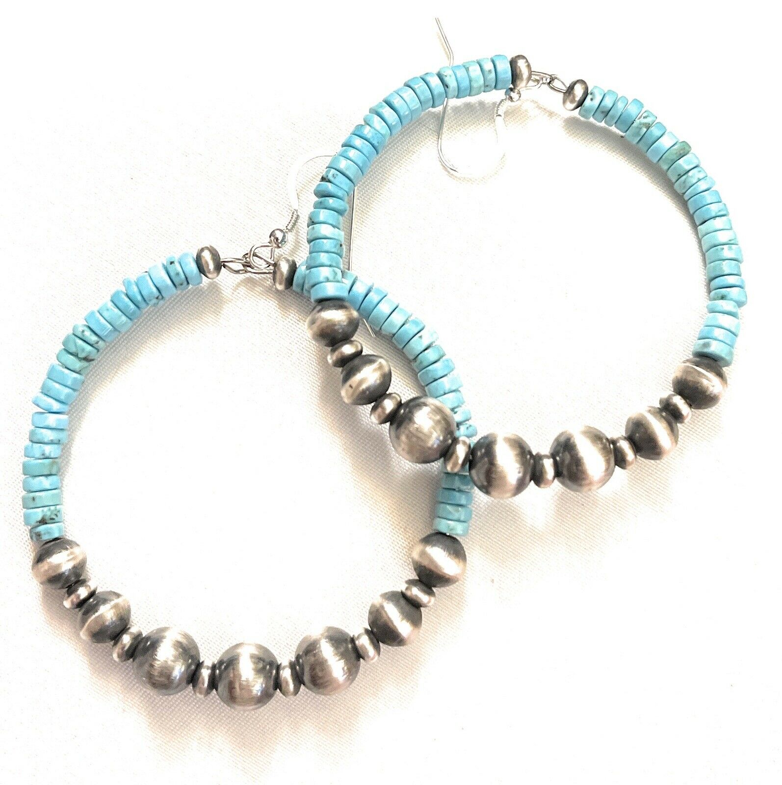 Navajo Sterling Silver Turquoise Stone French Hook Hoop Earrings