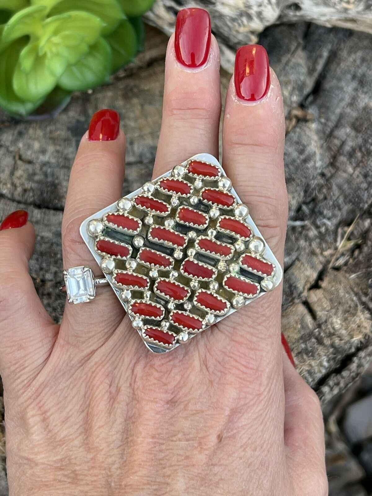 Navajo Sterling Silver Square Platform Red Coral Ring Sz 8