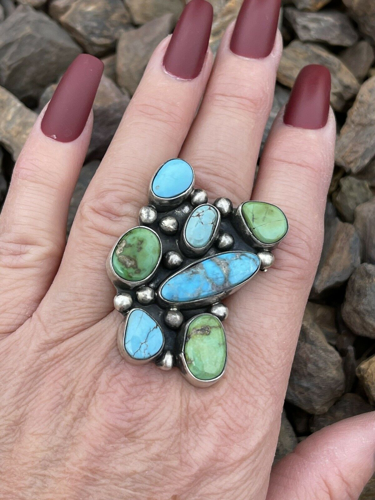 Navajo Sterling Sonoran Gold And Golden Hills Turquoise Cluster Ring Size 6.5