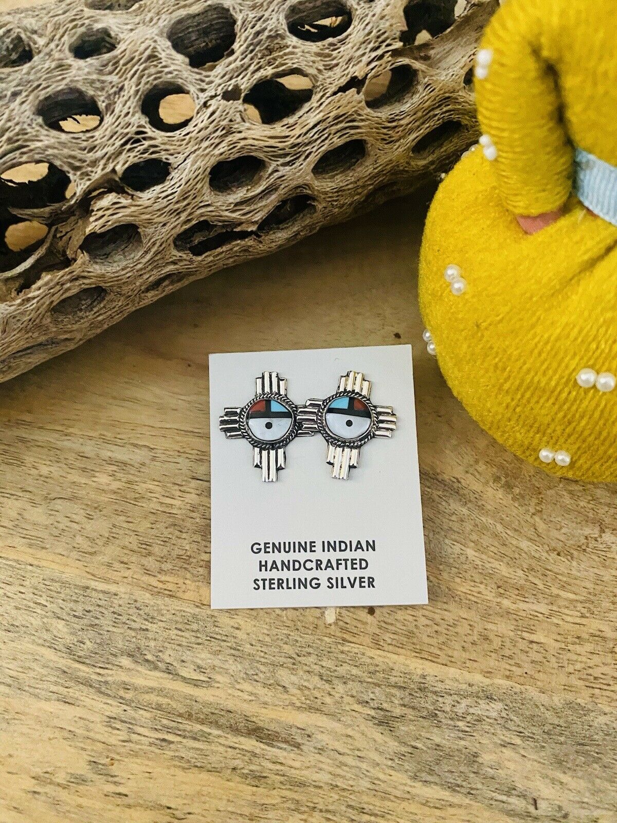 Zuni Sun Face Multi Stone And Sterling Cross Stud Earrings