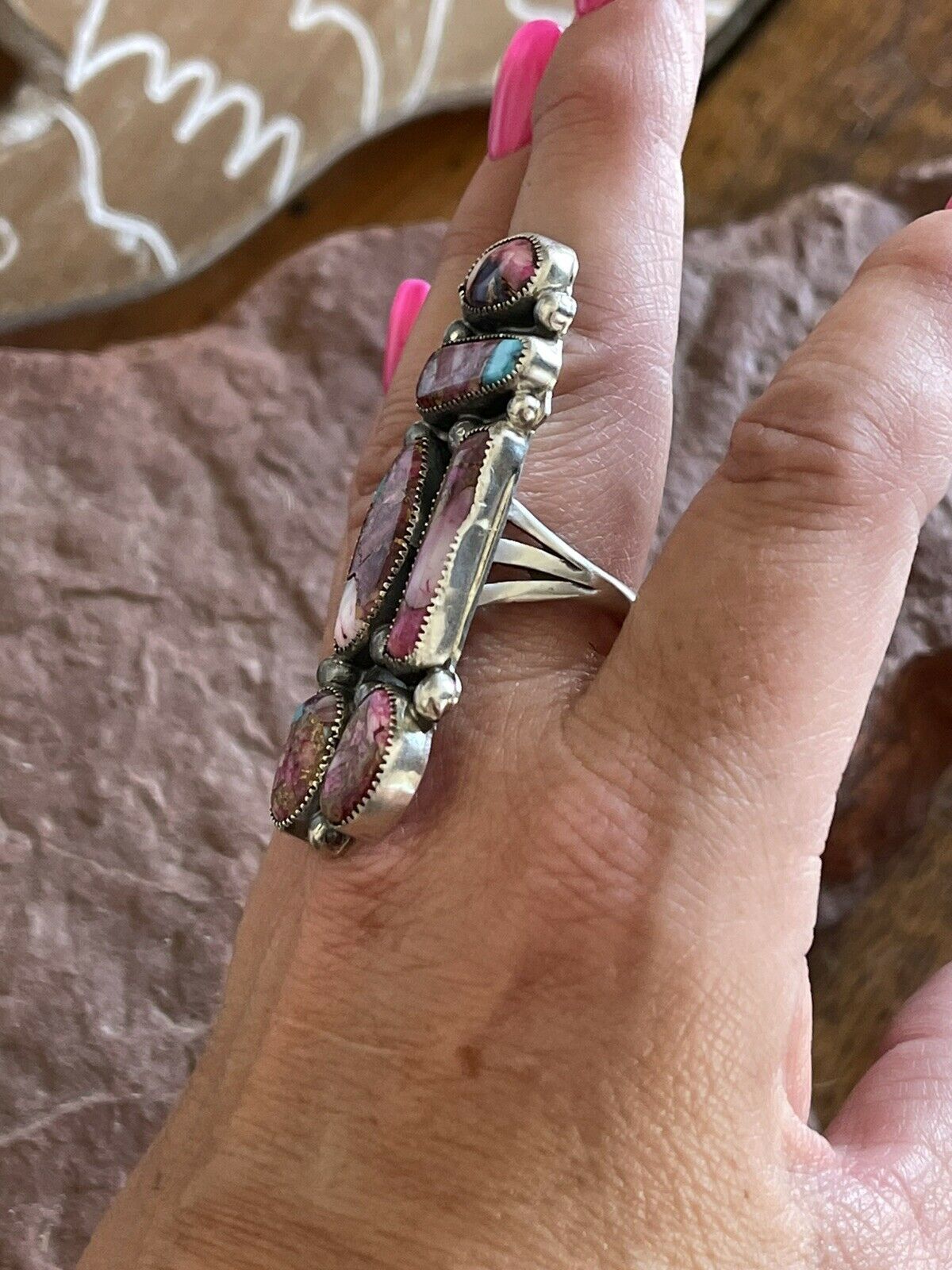 Navajo 6 stone Pink Dream Mojave & Sterling Silver Ring Size 8