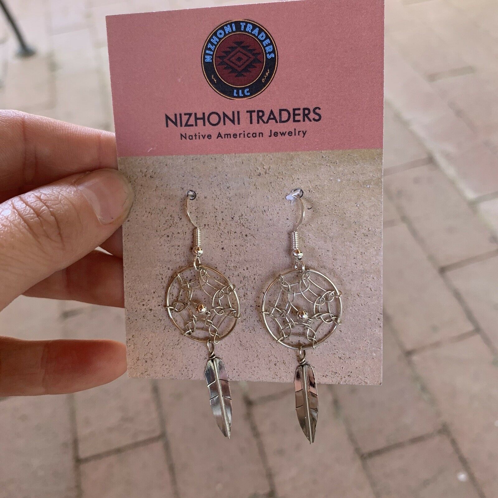 Navajo Sterling Silver Dream Catcher, Feather Dangle Earrings.