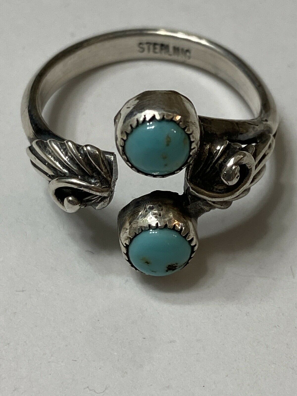 Navajo Two Turquoise  Stone & Sterling Silver Leaf Ring Size 8