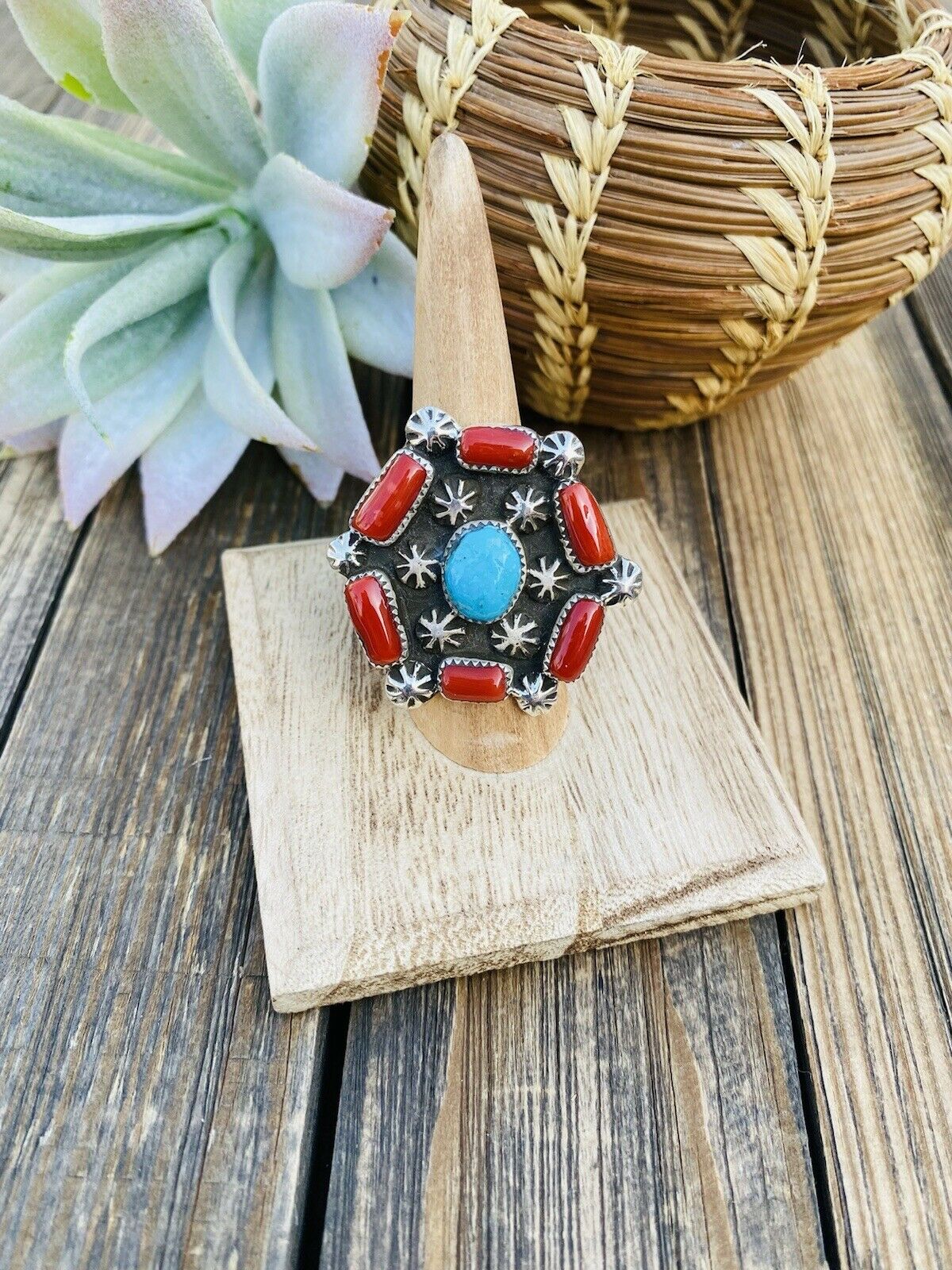 Navajo Turquoise, Coral & Sterling Silver Ring Size 9