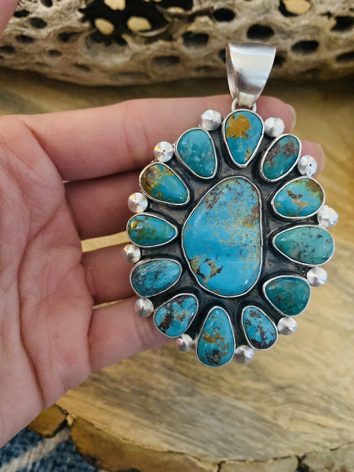 Navajo Sterling Silver & Multi Turquoise Cluster Pendant Signed