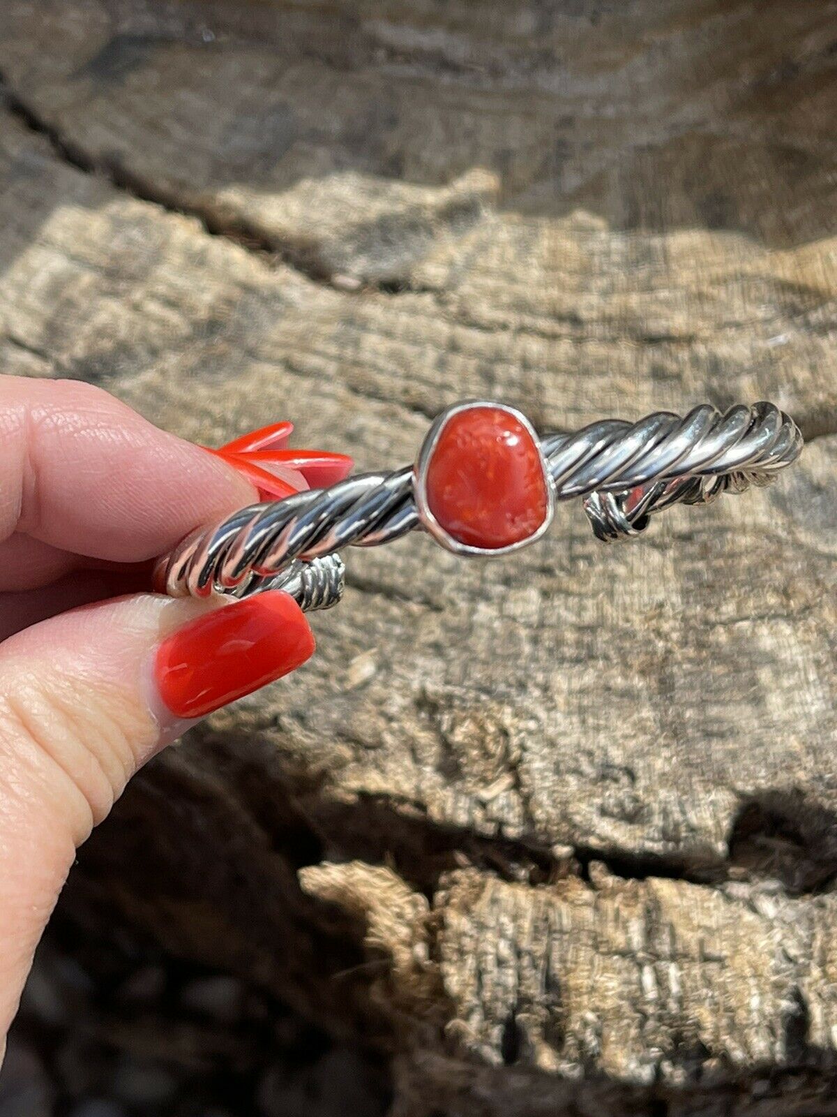 Sterling Silver Rope Twist Natural Red Coral Cuff Bracelet