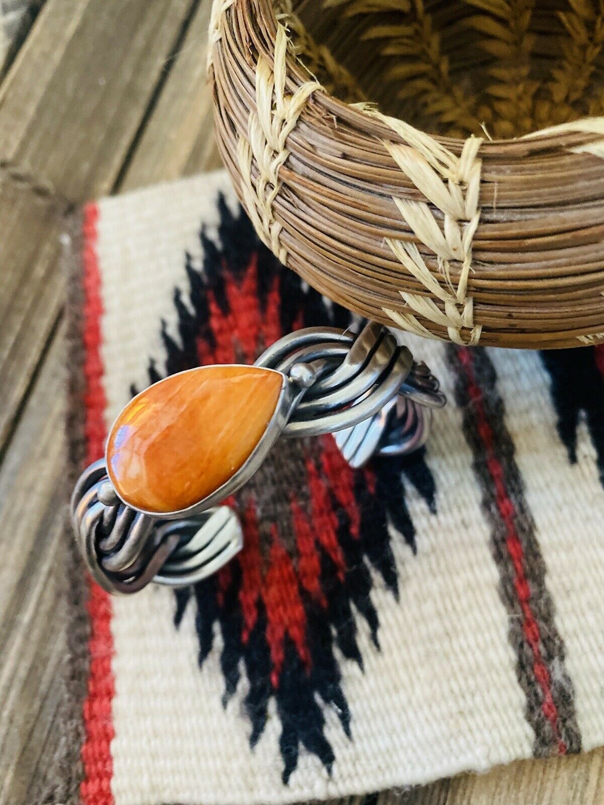 Navajo Orange Spiny & Sterling Silver Braided Cuff Bracelet Signed