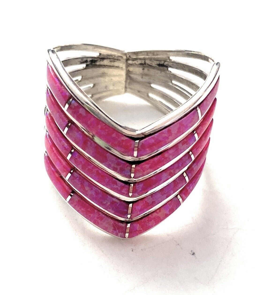 Zuni Sterling Silver & Pink Opal Inlay 5 Row Stacker Ring