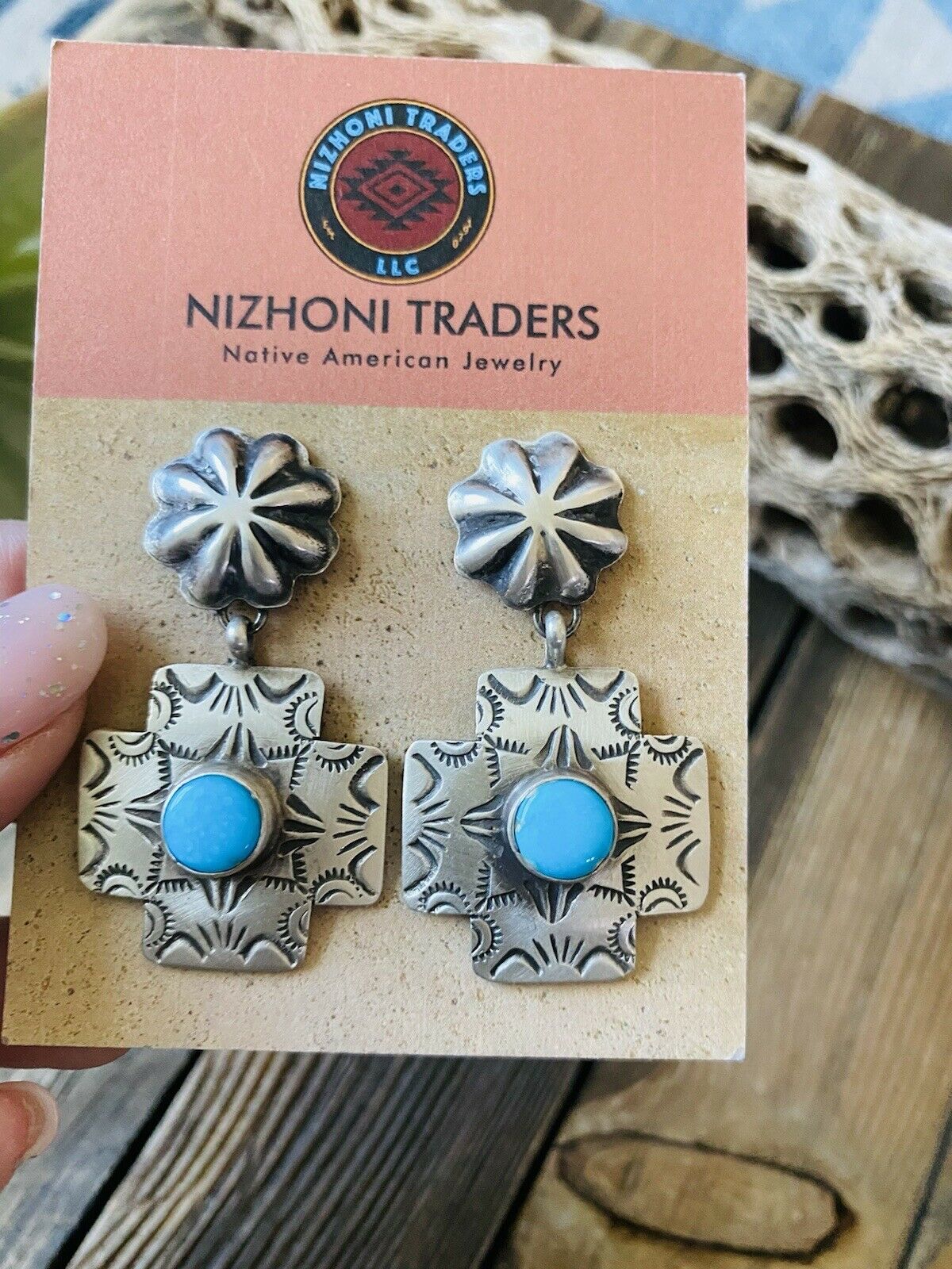 Navajo Turquoise & Sterling Silver Concho Cross Dangle Earrings