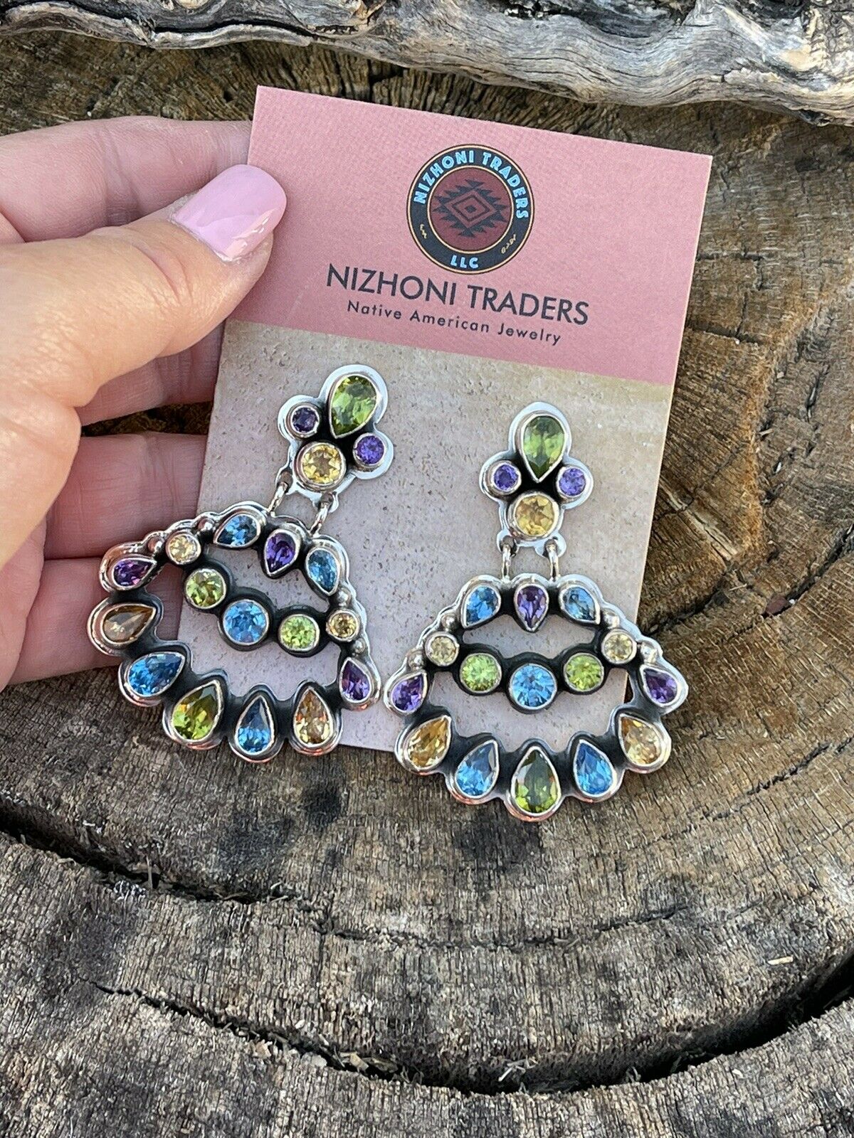 Navajo Sterling Silver & Natural Gem Stone Dangle Earrings