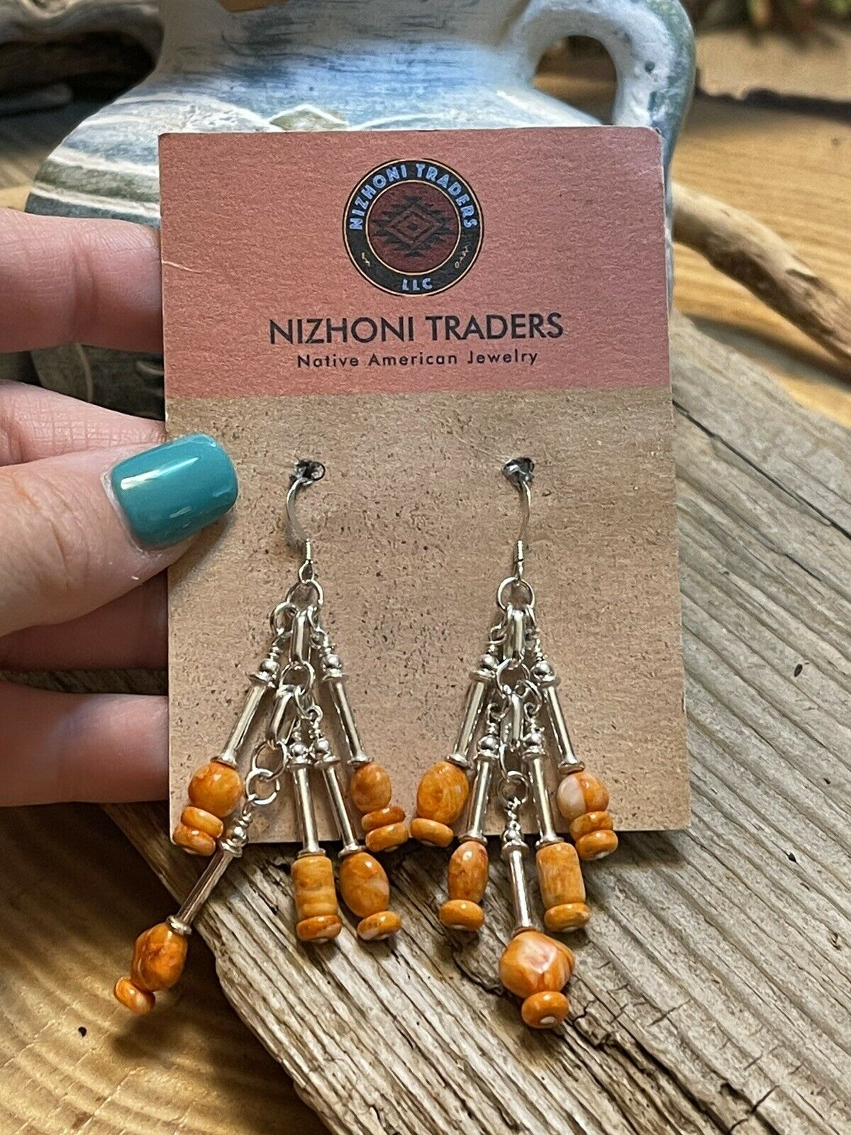 Navajo 5 Strand Orange Spiny Shell & Sterling Silver Dangle Earrings